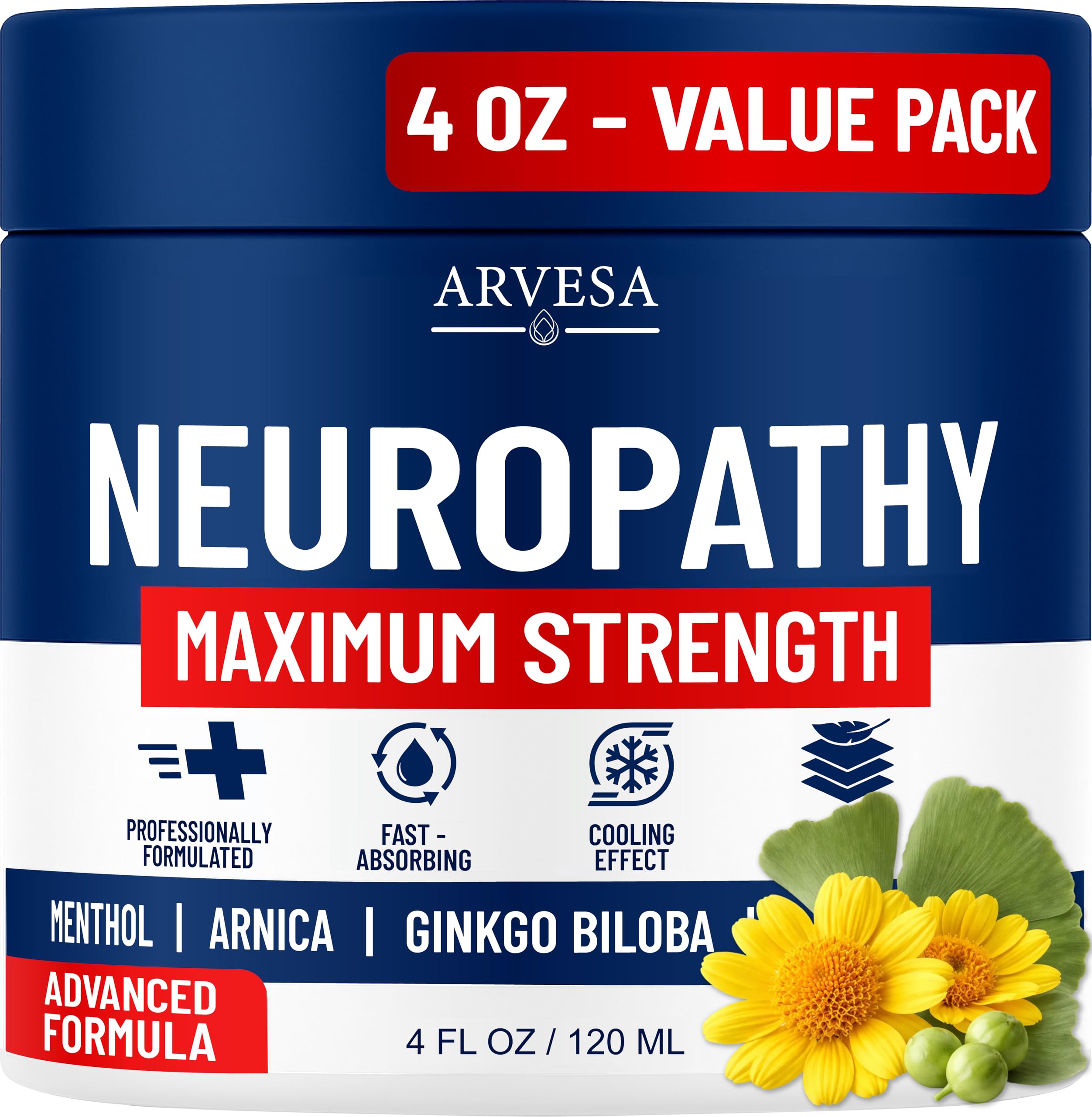 Neuropathy Cream - Maximum Strength - Arnica, MSM, Hemp Seed Oil, Ginkgo Biloba, Capsaicin - Non-Greasy with Cooling Effect - Value Pack - Natural Ingredients - Formulated in USA Arvesa uk supplements