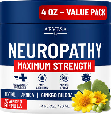 Neuropathy Cream - Maximum Strength - Arnica, MSM, Hemp Seed Oil, Ginkgo Biloba, Capsaicin - Non-Greasy with Cooling Effect - Value Pack - Natural Ingredients - Formulated in USA Arvesa uk supplements