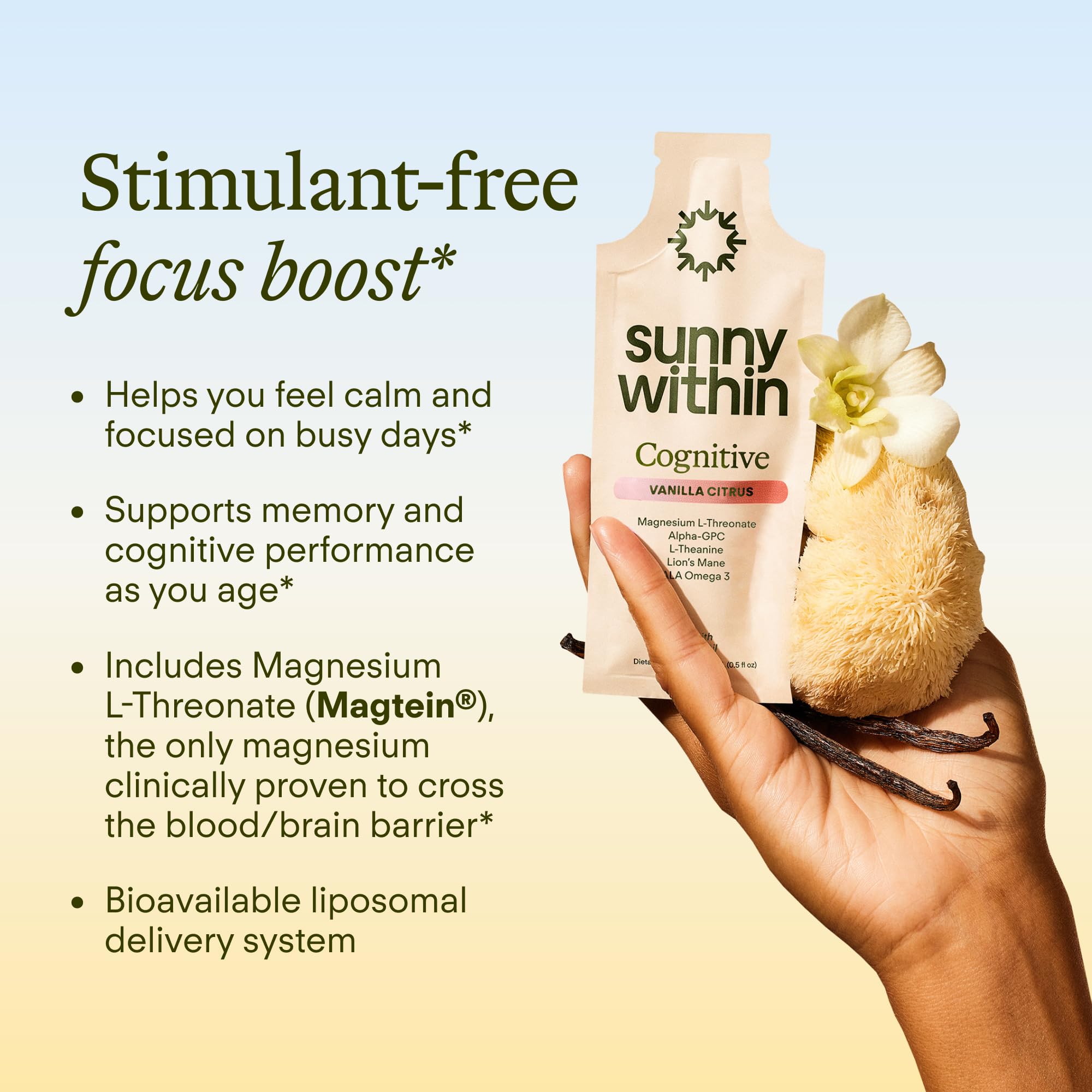 Sunny Within - Brain Health Supplement - Magnesium L-Threonate from Magtein®, Lion’s Mane, Alpha GPC, L-Theanine, ALA & Avocado Oil - Focus, Mood & Memory Support* - 30 Daily Vegan Pouches Sunny Within uk supplements