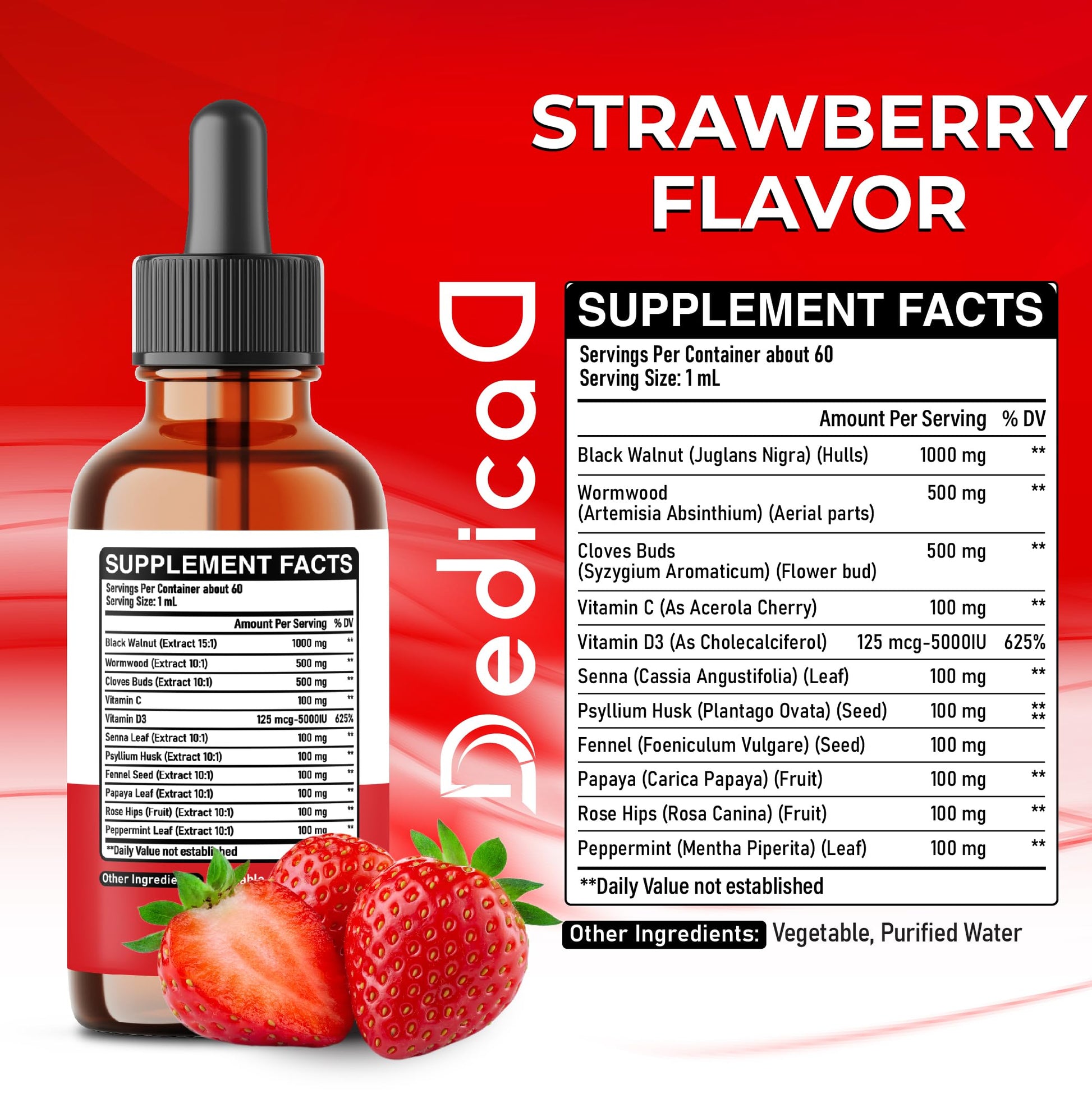 DEDICAD 11in1 Black Walnut Wormwood Cloves Liquid Drops with Cloves Buds, Senna Leaf, Psyllium Husk, Fennel Seed, Papaya Leaf and More - 2 oz Fl - 60 Days - Strawberry Flavor DEDICAD uk supplements