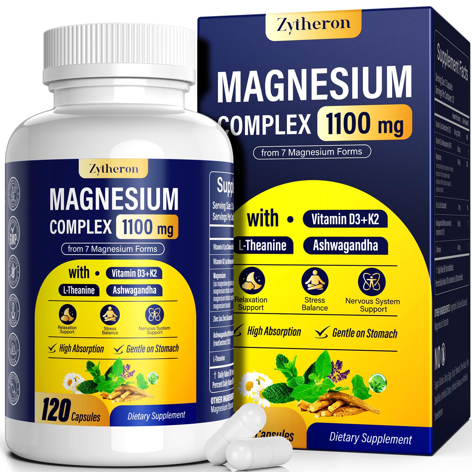Magnesium Complex for Women & Men 1100mg, 7-in-1 Magnesium Supplement with Ashwagandha & L-Theanine for Calm & Sleep Support, High Absorption, Vegan 120 Capsules Zytheron uk supplements