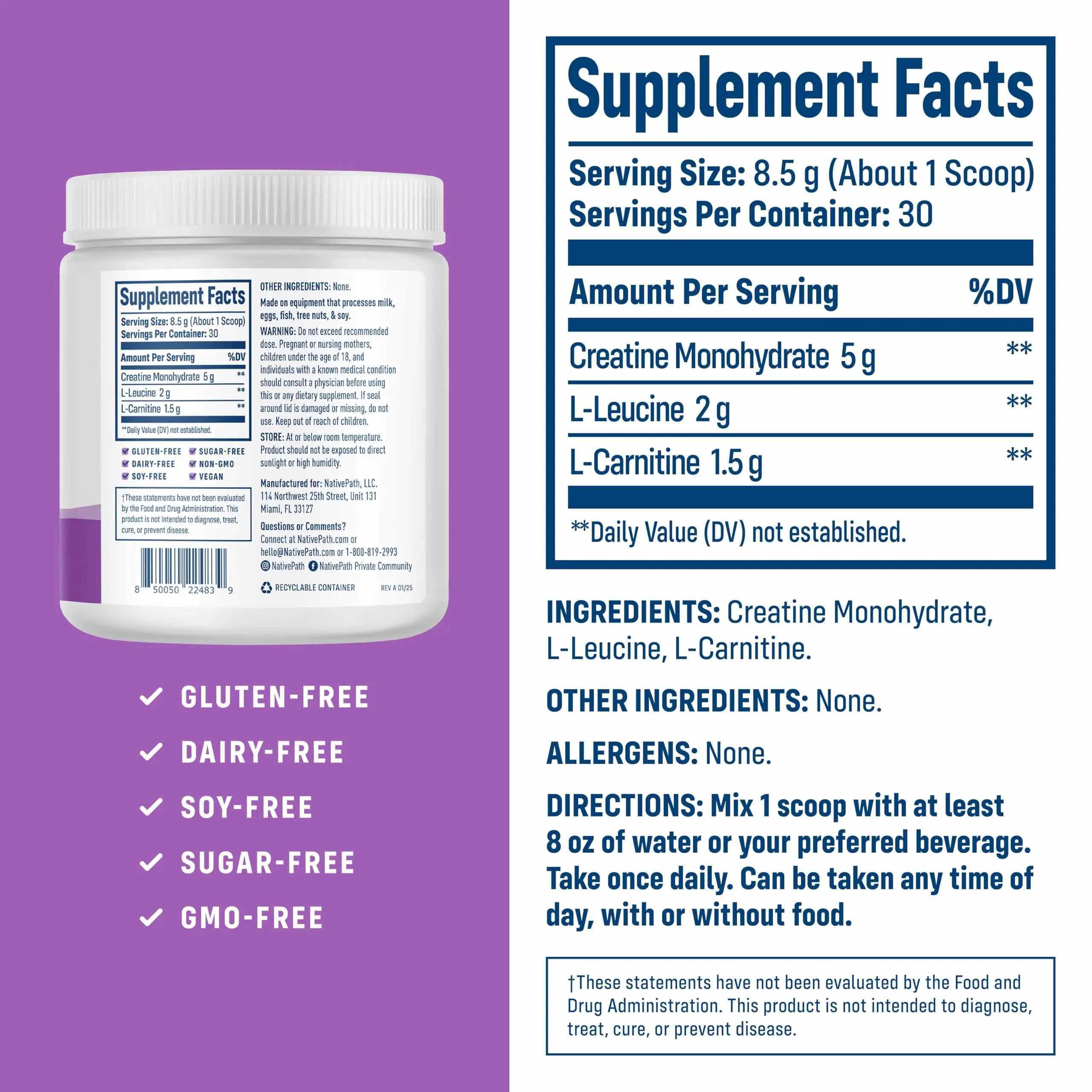 NativePath Creatine Monohydrate Powder with L-Leucine & L-Carnitine - Muscle Building Supplement for Men & Women - 30 Servings (Pack of 2) NativePath uk supplements