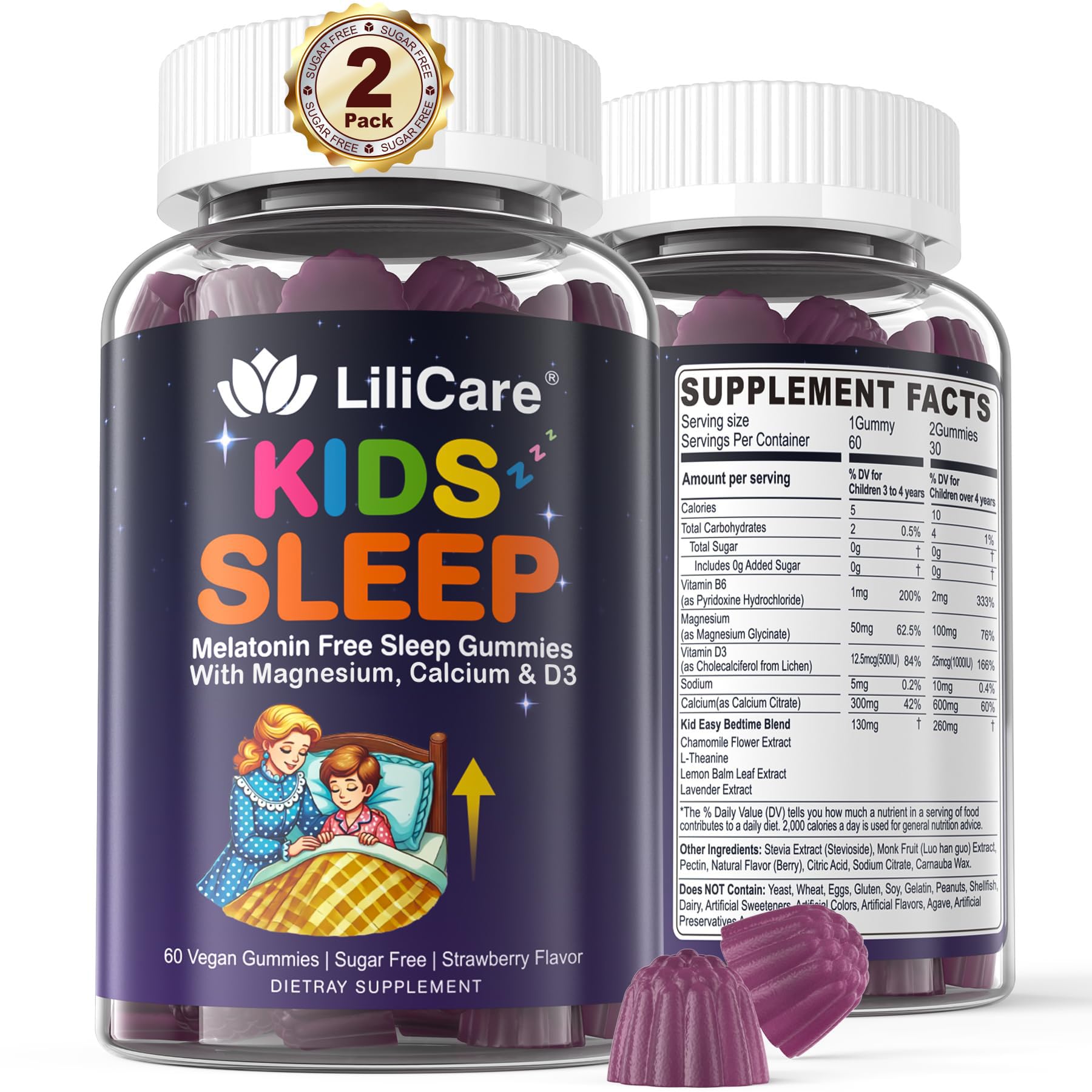 LILICARE Kids Sleep Gummies - Magnesium Glycinate Gummies, Melatonin Free Sleep Aid | Magnesium, Calcium, D3, B6, L Theanine | Kid Melatonin Alternative for Restful Sleep (Pack of 2) LILICARE uk supplements