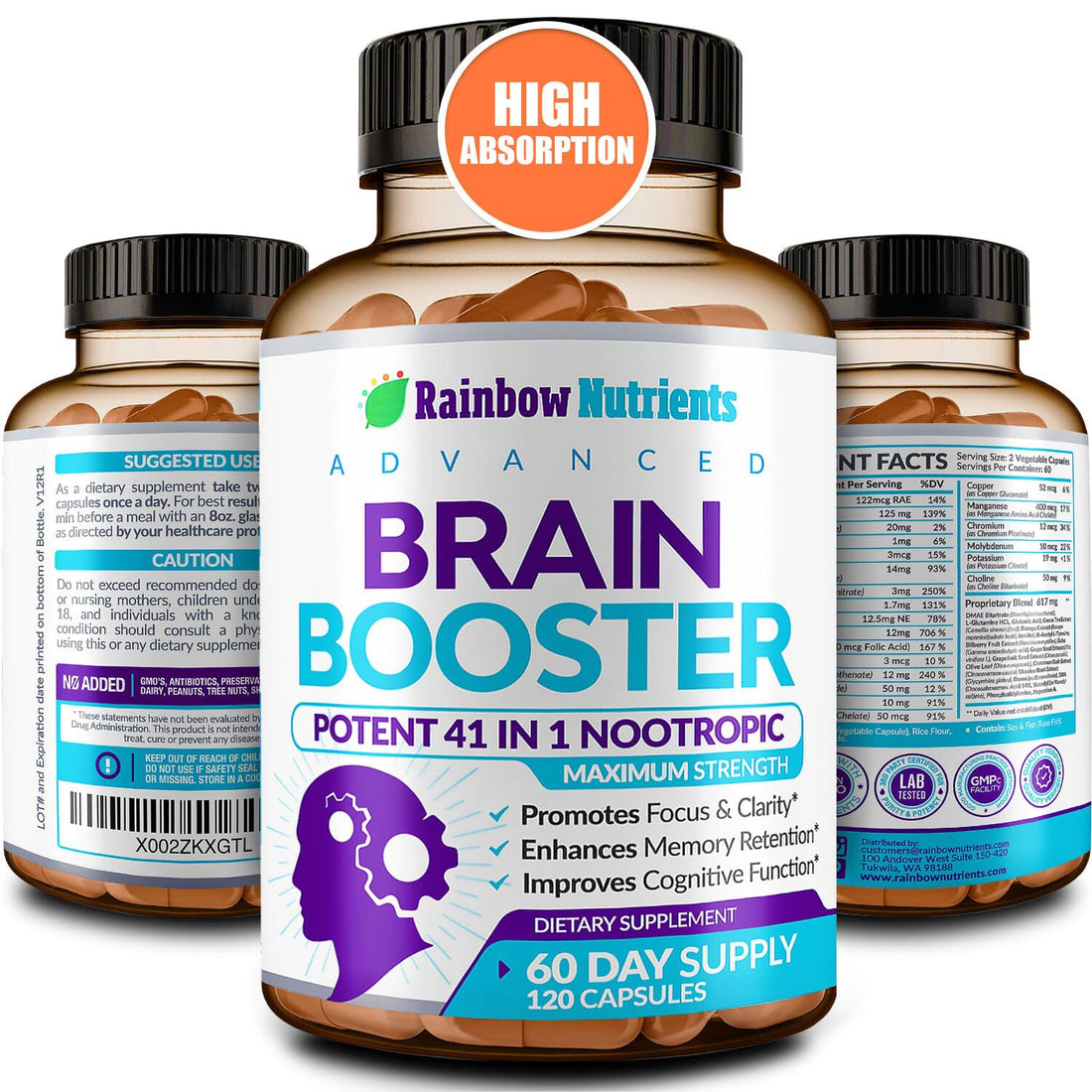 40-in-1 Brain Booster Supplements for Memory, Focus, Clarity, Energy, Performance | Natural Nootropic Brain Support Supplement with DMAE, Bacopa Monnieri & More | For Men & Women | 120 V Capsules Rainbow Nutrients, LLC uk supplements