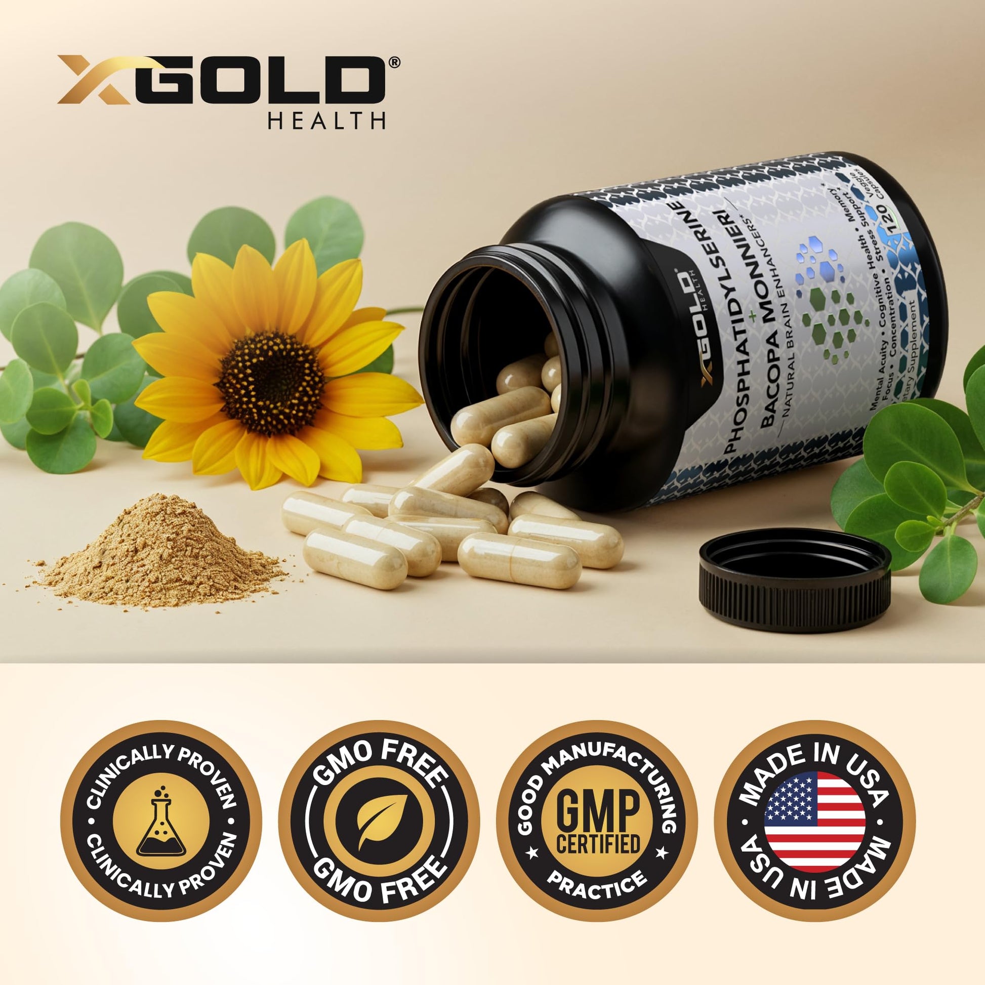 PhosphatidylSerine & Bacopa Monnieri 800 mg 2 in 1 Supplement - Natural Brain Enhancer/Nootropic for Enhanced Focus and Concentration, Memory Support, & Cognitive Function - 120 Vegetarian Capsules X Gold Health uk supplements