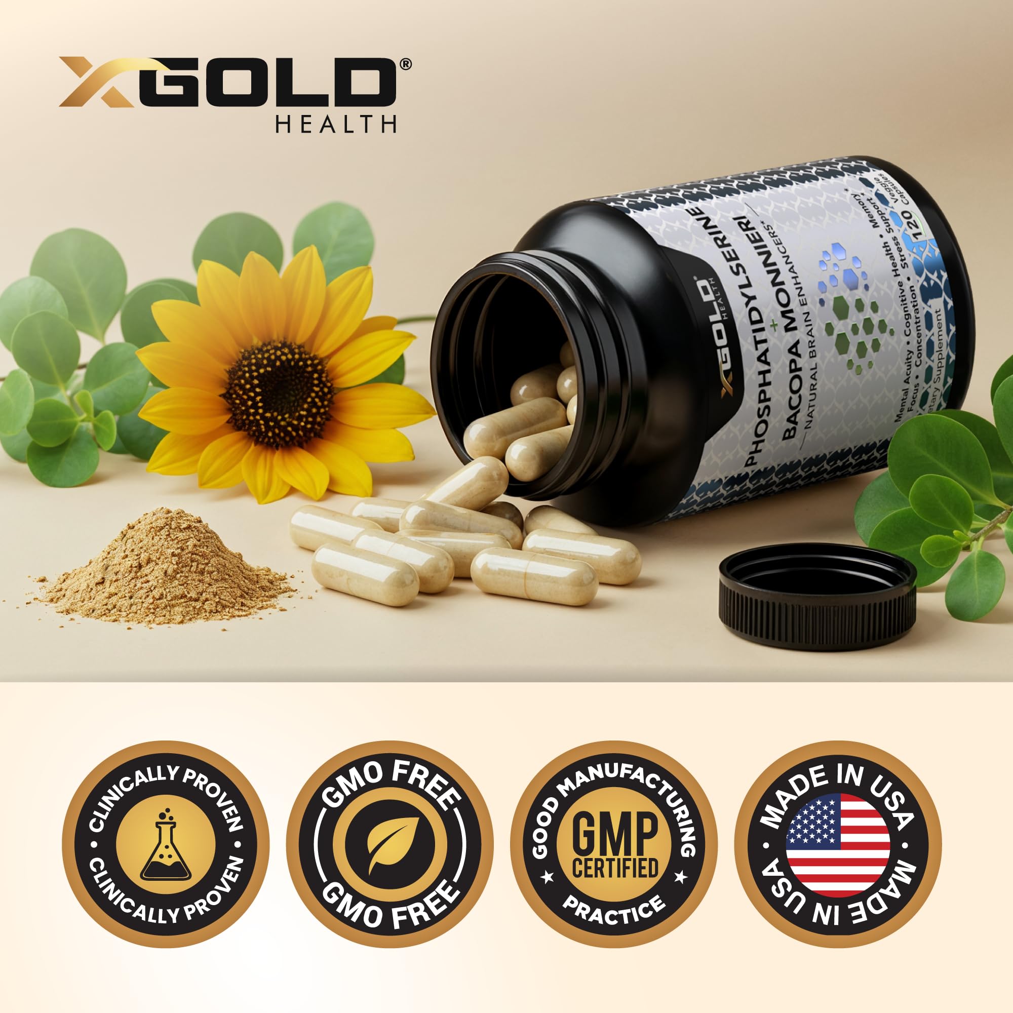 PhosphatidylSerine & Bacopa Monnieri 800 mg 2 in 1 Supplement - Natural Brain Enhancer/Nootropic for Enhanced Focus and Concentration, Memory Support, & Cognitive Function - 120 Vegetarian Capsules X Gold Health uk supplements