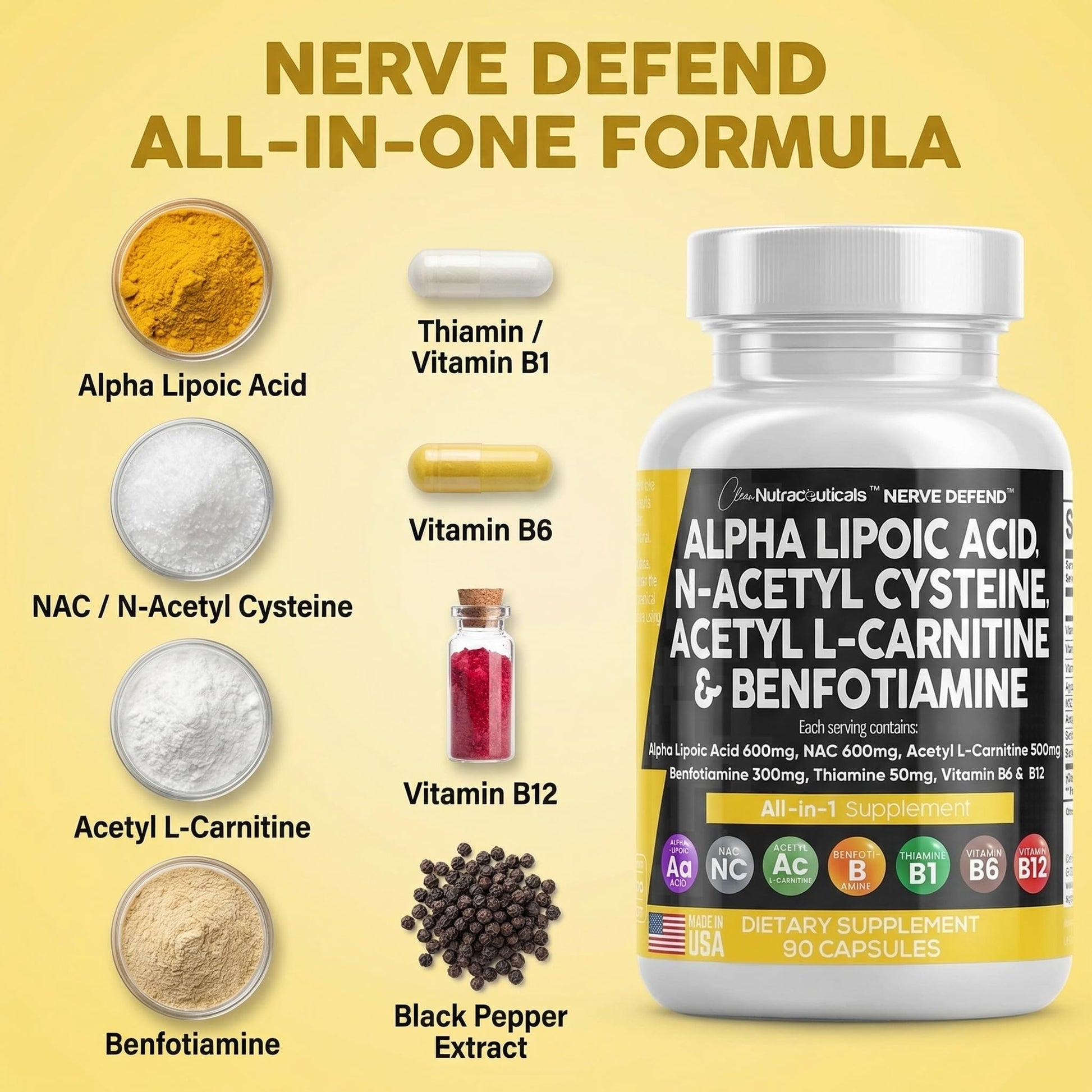 Alpha Lipoic Acid 600mg N-Acetyl Cysteine 600mg Acetyl L-Carnitine 500mg Benfotiamine 300mg - Nerve Support Supplement for Women and Men with Vitamin B1 B6 & B12 - Made in USA 90 Caps Clean Nutraceuticals uk supplements