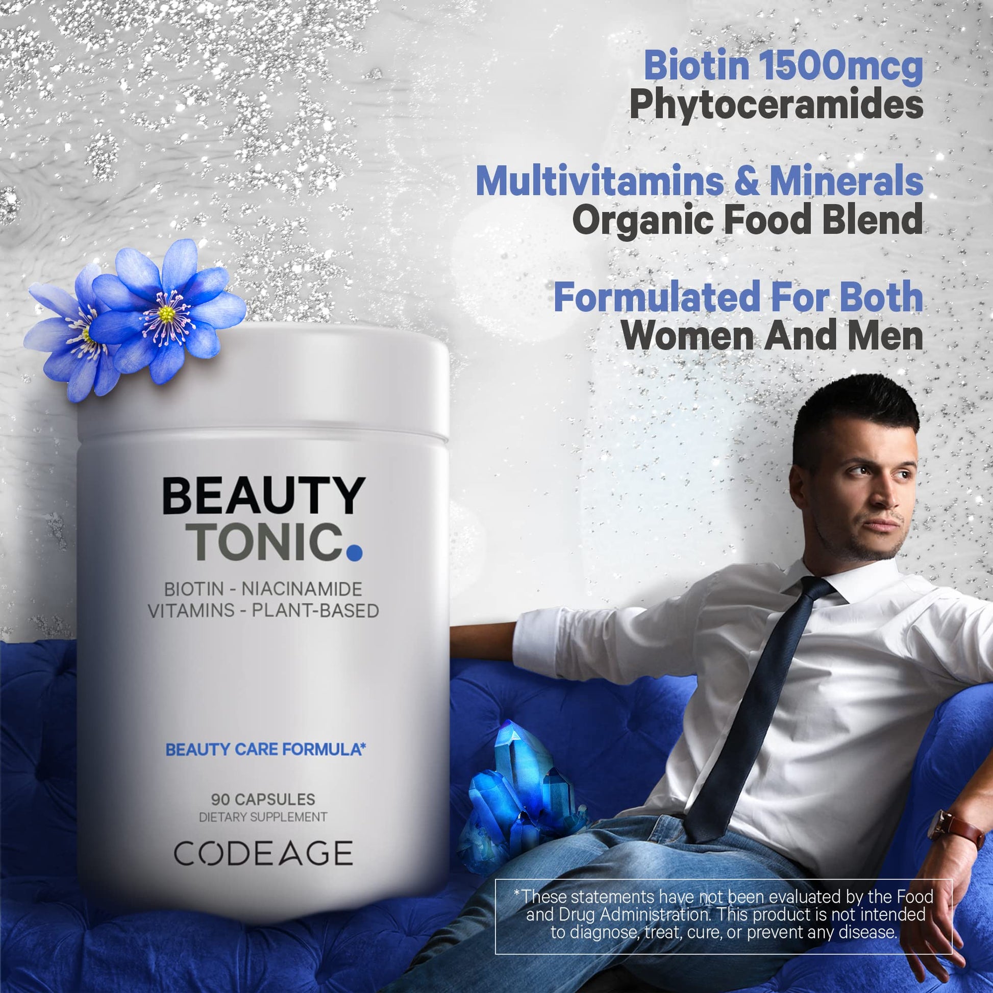 Codeage Biotin Supplement with Vitamin C, Vitamin E, Vitamin B6, Niacin, Folate, Organic Food Blend, Phytoceramides, Astaxanthin, Selenium - Beauty Tonic - Hair, Skin, and Nail Support - Vegan, 90 Ct Codeage uk supplements