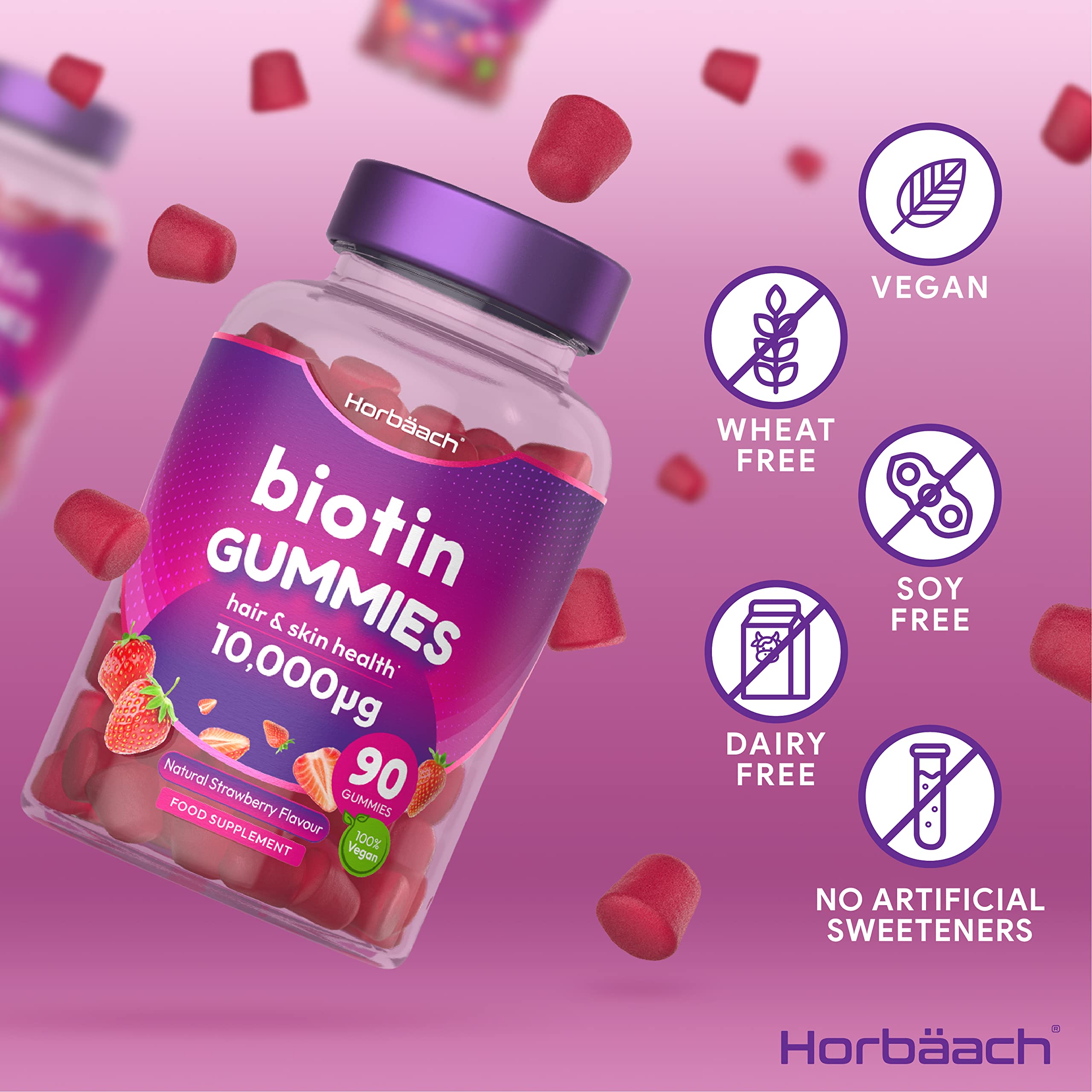 Biotin Gummies 10,000mcg | 90 Vegan Vitamins | Natural Strawberry Flavour Horbäach uk supplements