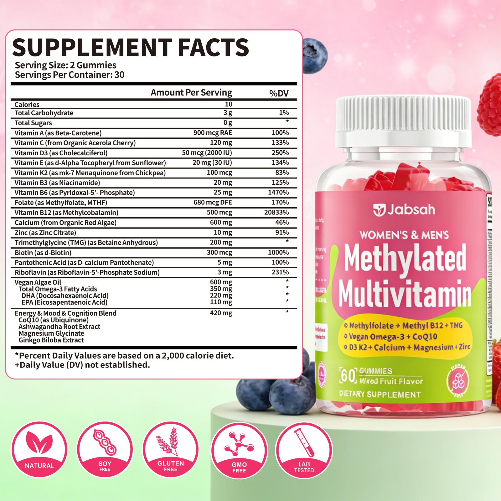 Methylated Vitamin B Complex Gummies for Women & Men, Multivitanins Gummy with Vitamin A, C ,E, Methylfolate & B12, TMG, Calcium, D3 K2 Jabsah uk supplements
