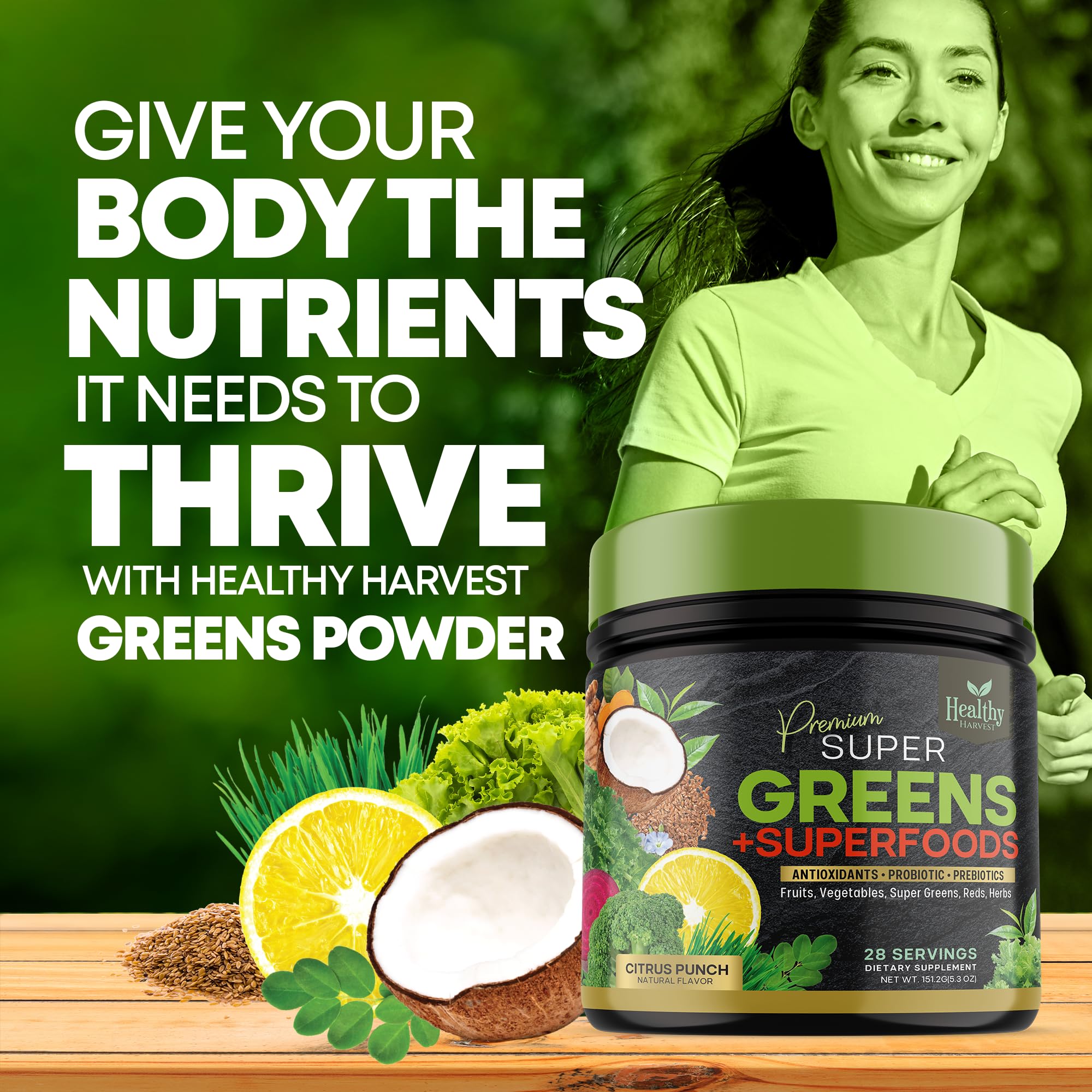 Greens Powder Superfood Supplement - Super Green Reds Smoothie Mix Blend with Spirulina Healthy Harvest Nutrition uk supplements