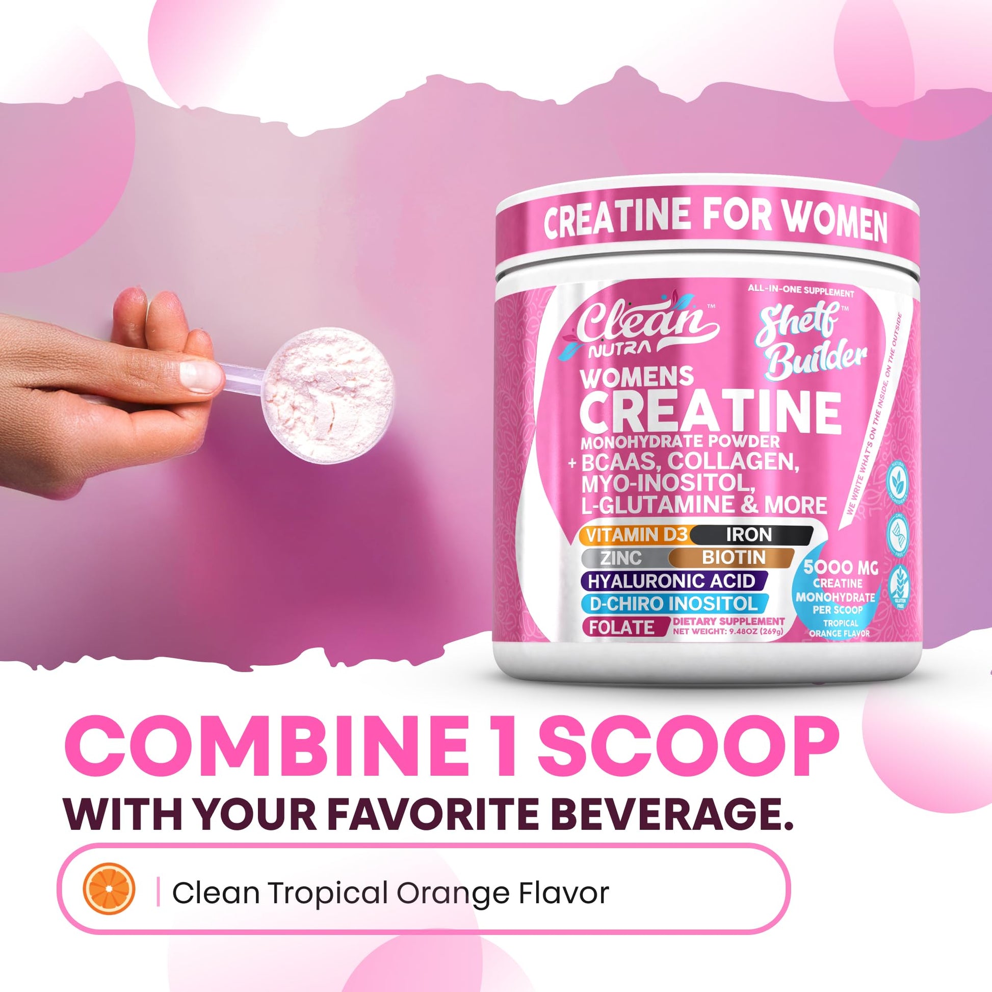Creatine for Women | Creatine Monohydrate + BCAA Powder Myo-Inositol Collagen Biotin Hyaluronic Acid Folate L Glutamine Vitamin D3 Iron Zinc D-Chiro-Maca Digestion Shelf Builder by Clean Nutra Clean Nutraceuticals uk supplements