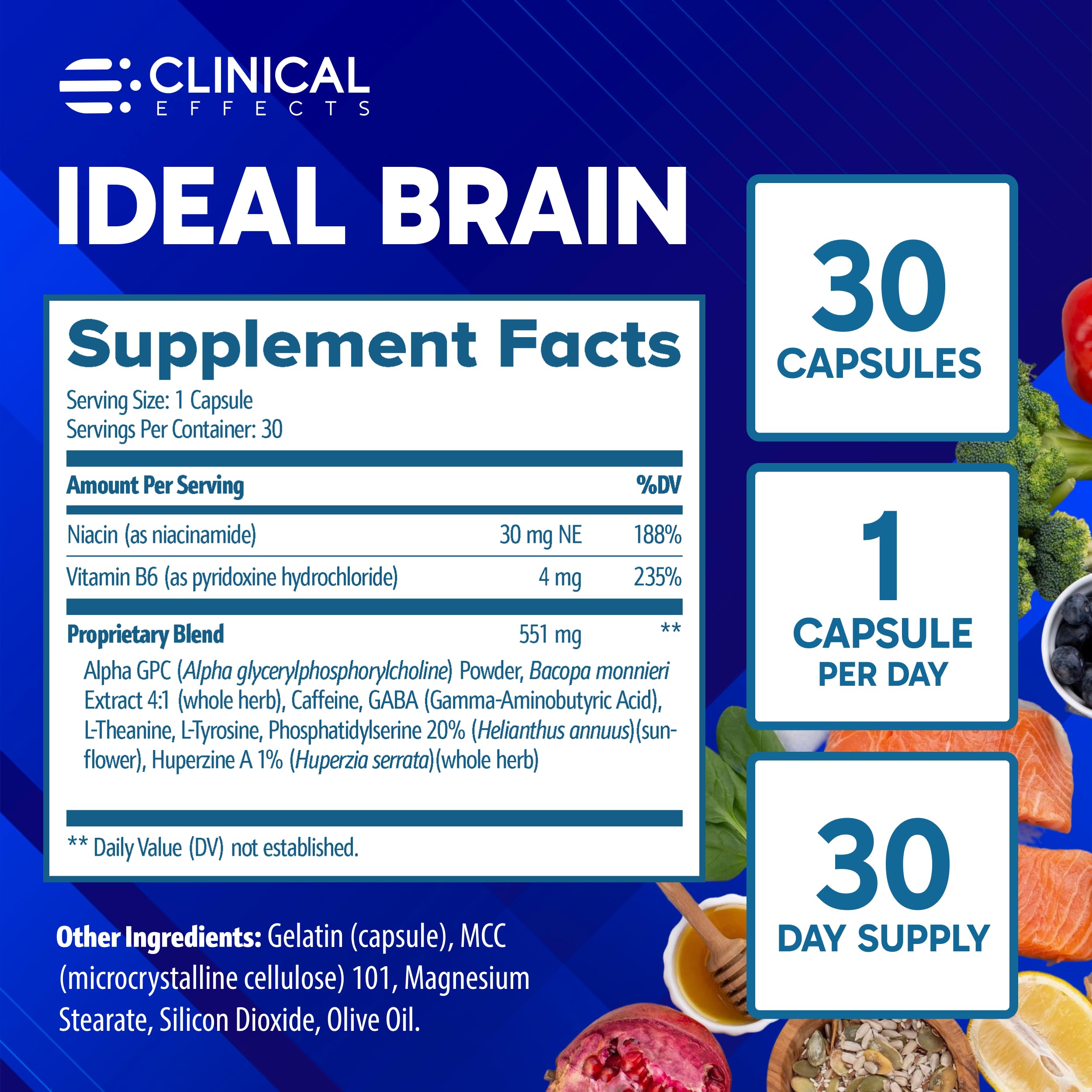 Clinical Effects Ideal Brain - Dietary Supplement for Nootropic Focus and Memory Support - 30 Capsules - B Vitamins, GABA, Alpha-GPC - Helps Support Mental Focus, and Optimal Brain Function Clinical Effects uk supplements