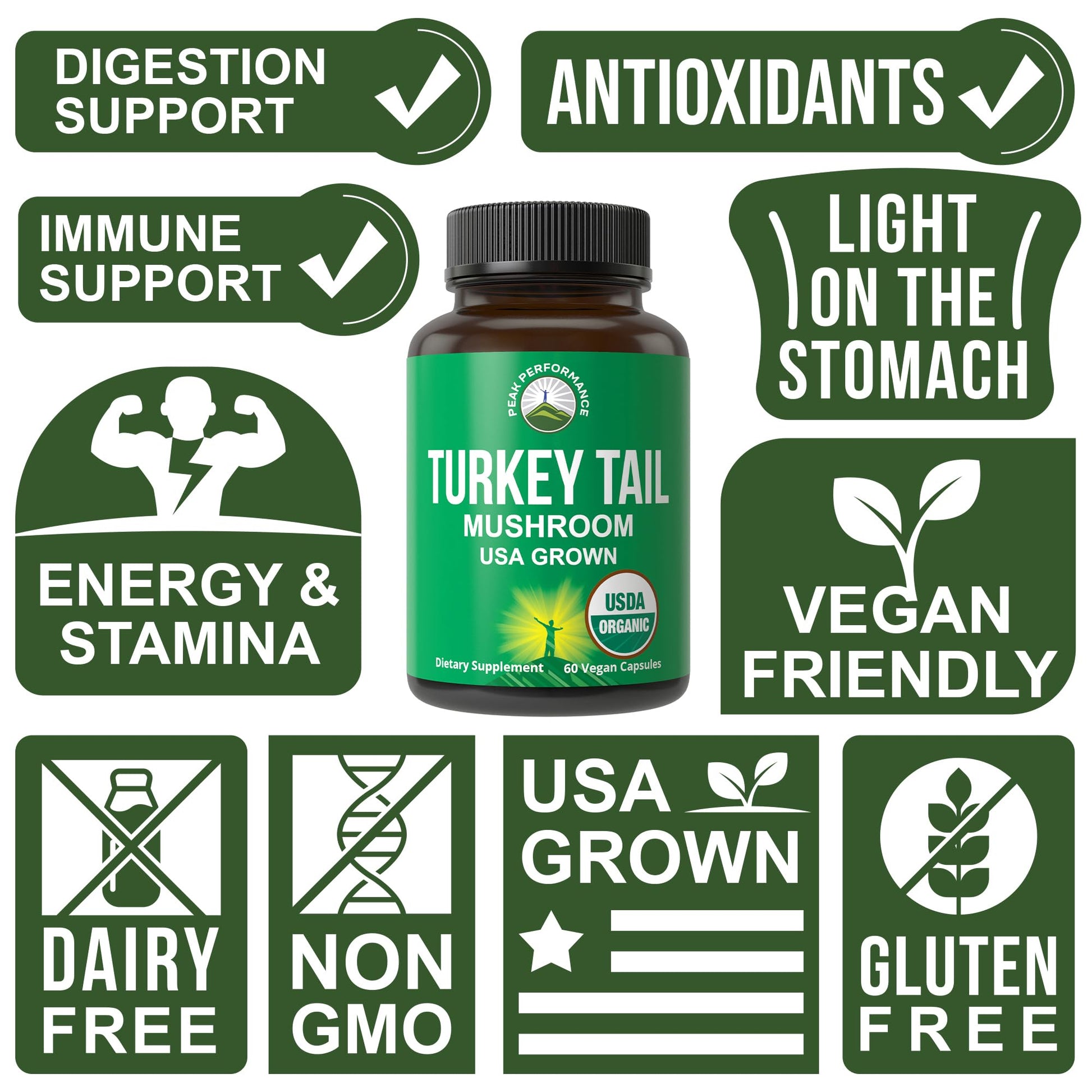 Peak Performance Organic Turkey Tail Capsules - USA Grown Made with Real Turkey Tail Mushroom. Immune System Support Naturally Harvested Mushroom Supplements for Immunity. Vegan Supplement Extract Peak Performance uk supplements