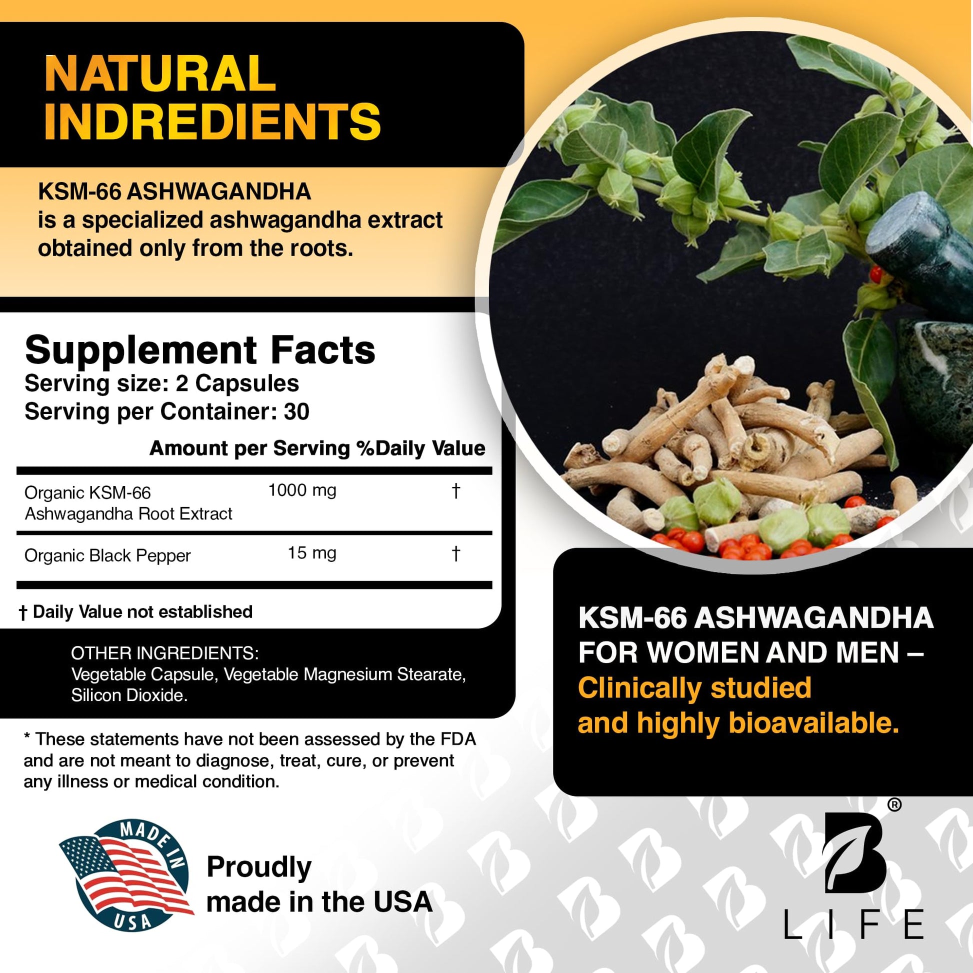 Organic Ashwagandha KSM-66 1000 mg Supplement | Adaptogen for Cortisol Support & Stress Relief | Mood, Calm & Sleep Aid for Men & Women | Ashwagandha ritual vitamins for women | 60 Vegan Caps B Life Company uk supplements
