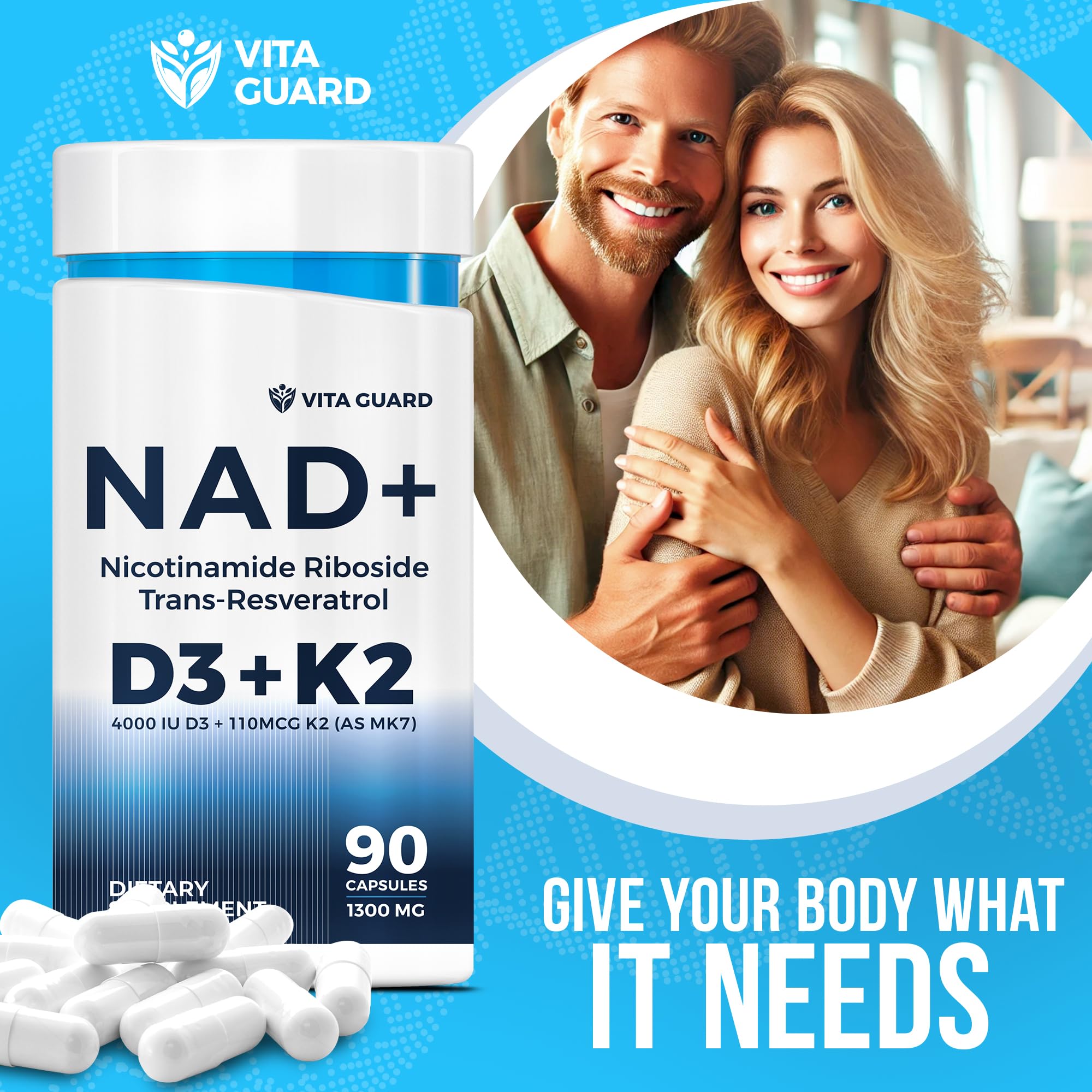 Anti-Aging Energy NAD Supplement – NMN Alternative with Nicotinamide Riboside 1000mg, Trans-Resveratrol 300mg, Vitamin D3 4000 IU and K2 110 mcg MK7 – Vegetarian 60 Capsules, 1300mg Vita Guard uk supplements