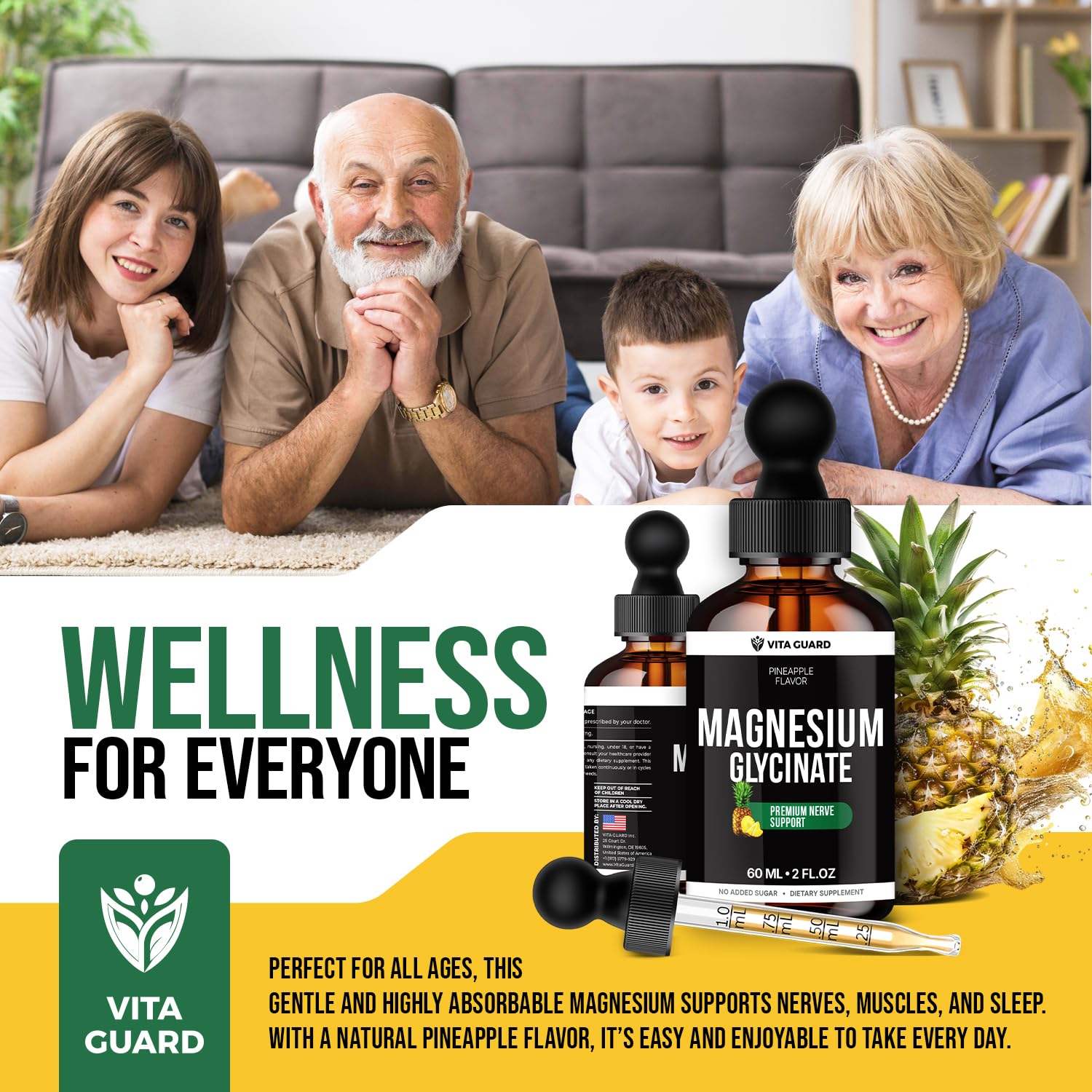 Magnesium Glycinate 500mg Liquid Drops – Sugar-Free Magnesium Supplement, Vegan Formula, 60 mL Flavor Pineapple Vita Guard uk supplements