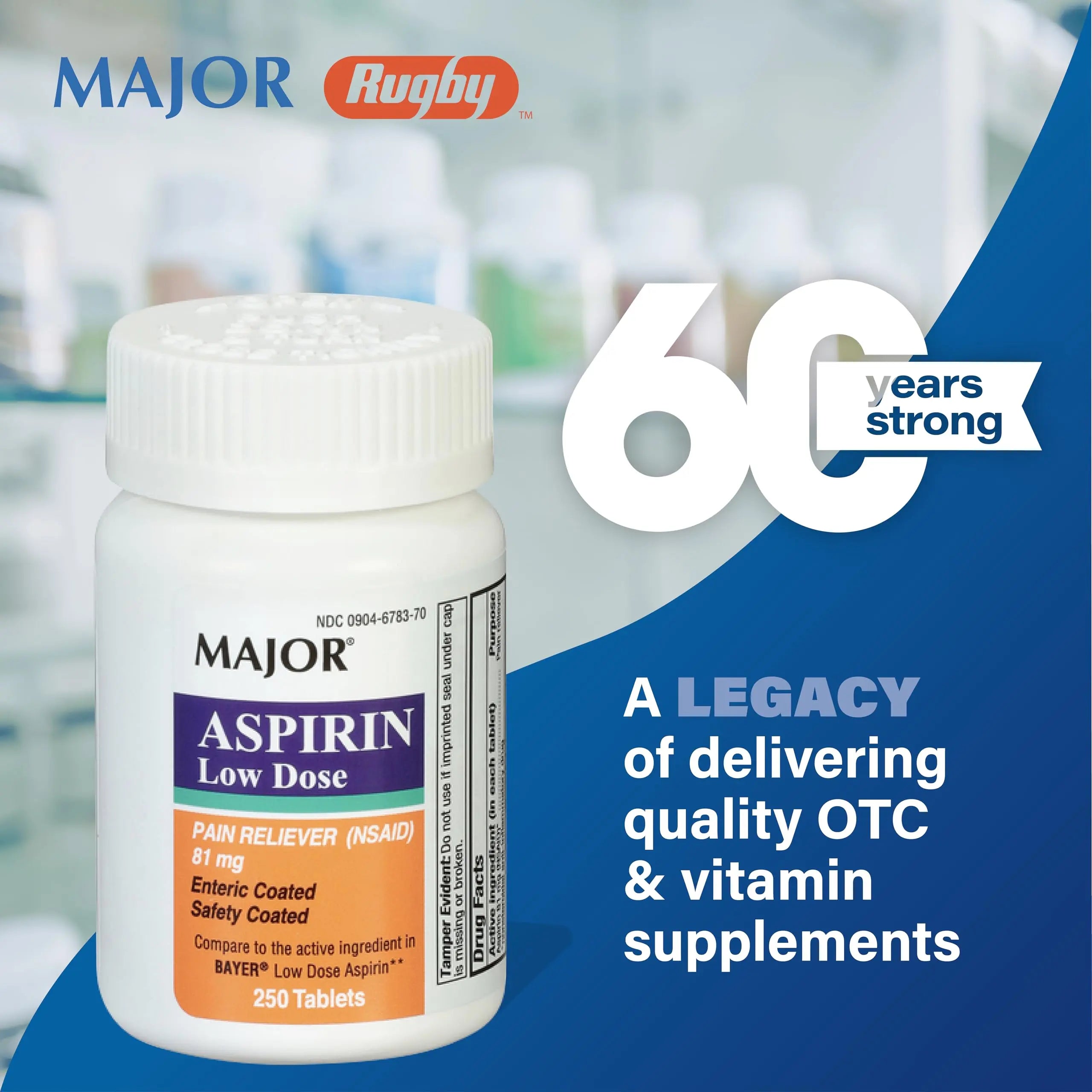 MAJOR Aspirin Low Dose 81 Mg - Pain Reliever (NSAID) - Enteric Coated - 250 Tablets MAJOR uk supplements