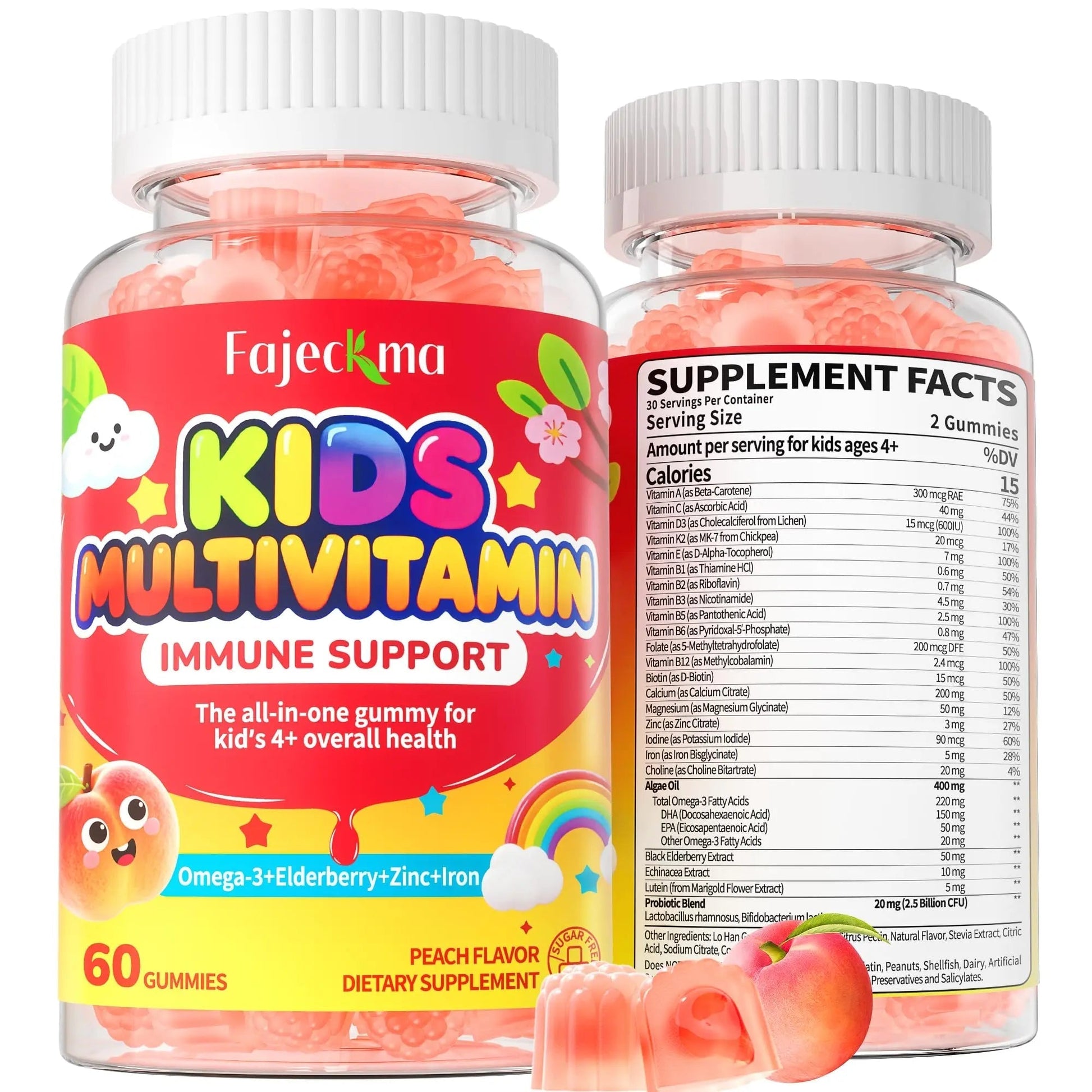 Fajeckma Organic Kids Multivitamin Gummies: Sugar Free Multi Vitamin Gummy with Vitamins D3 Iron Omega Probiotic Elderberry Calcium Zinc Dha Fajeckma uk supplements