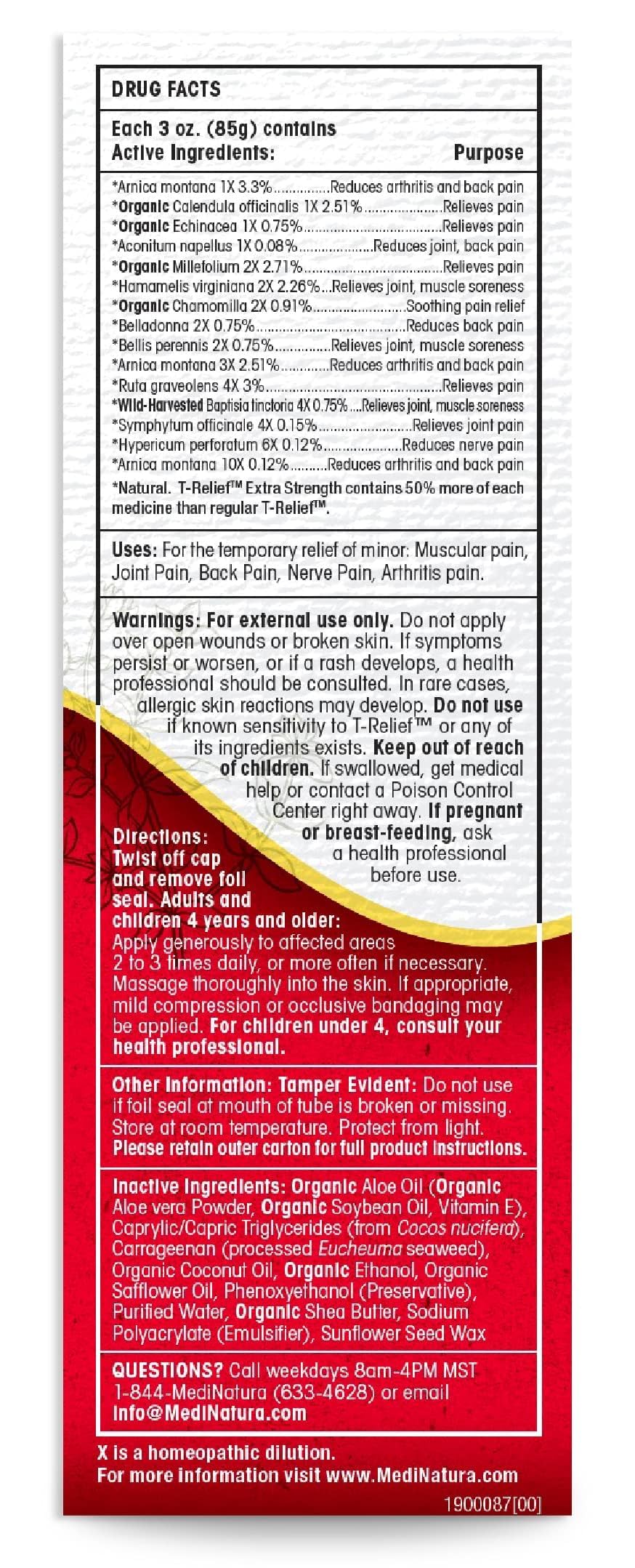 MediNatura T-Relief Extra Strength Cream Arnica +12 Natural Relieving Actives for Back Pain Joint Soreness Muscle Aches & Stiffness, Whole Body Fast Acting Relief for Women & Men - 3 oz MediNatura uk supplements