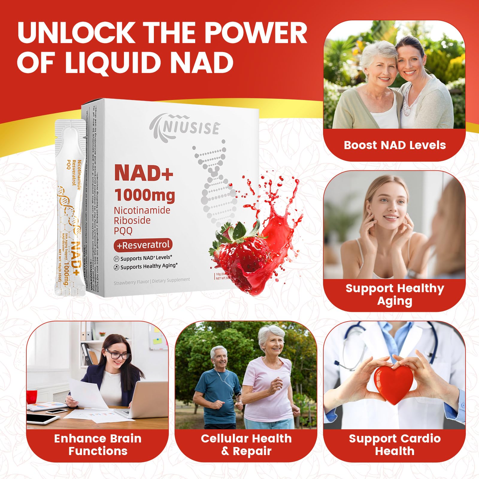 NIUSISE NAD Supplement, NAD+ Liquid, 1000mg Enhanced Formula with PQQ, Nicotinamide Riboside & Resveratrol, Advanced Anti-Aging Support for Men & Women, Sustained Energy, Vitality Boost (30 Packets) NIUSISE uk supplements
