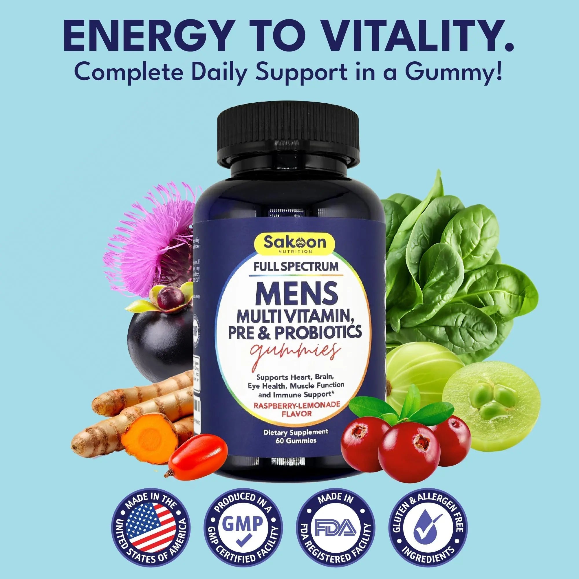 Sakoon nutrition Men's Multivitamin Gummies with Probiotics and Prebiotics, Adult Multivitamin A, C, D, E, B & More Sakoon nutrition uk supplements