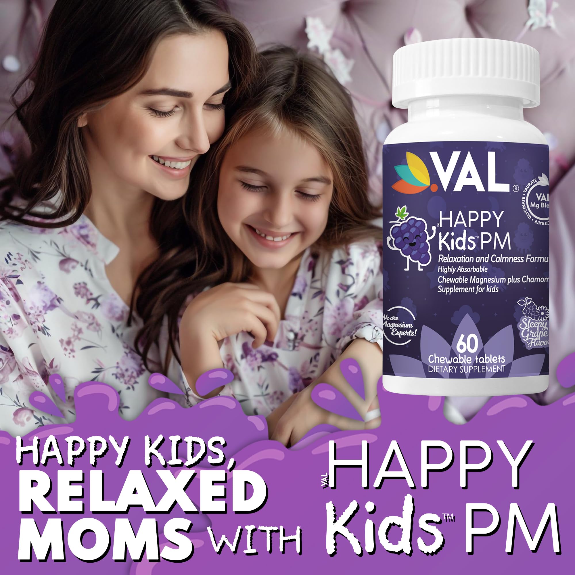 VAL Kids PM Magnesium Gummies | Sugar-Free Chewable Tablets with Chamomile, Magnesium Glycinate + Citrate + Taurate | Vitamin B6 & C | Natural Grape Flavor | Sleep & Calm Support | 60 Ct | Ages 4+ VAL uk supplements