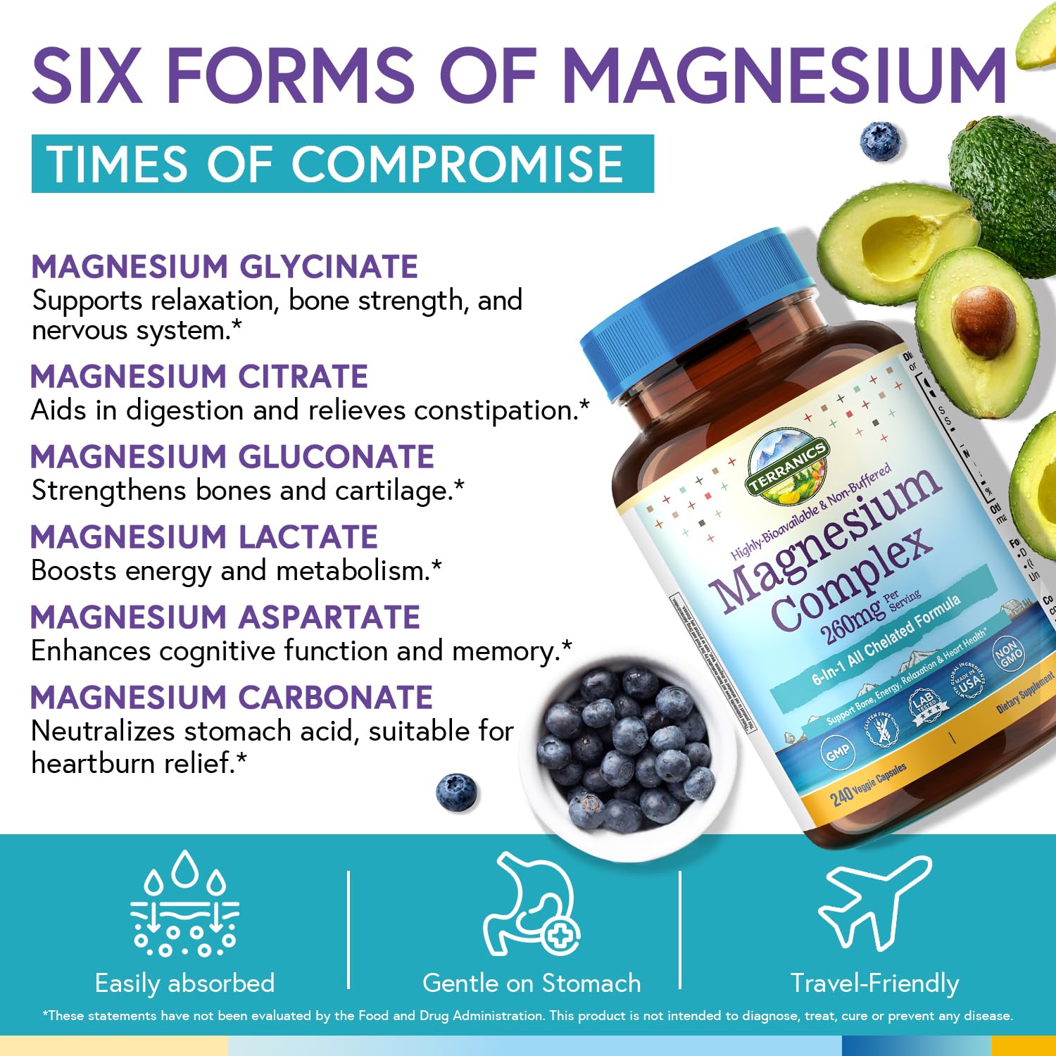 Terranics Magnesium Complex, 6-in-1, High Absorption, Glycinate, Citrate, Aspartate, Gluconate, Calmness, Heart, Bone, 240 Capsules, Non-Buffered Terranics uk supplements