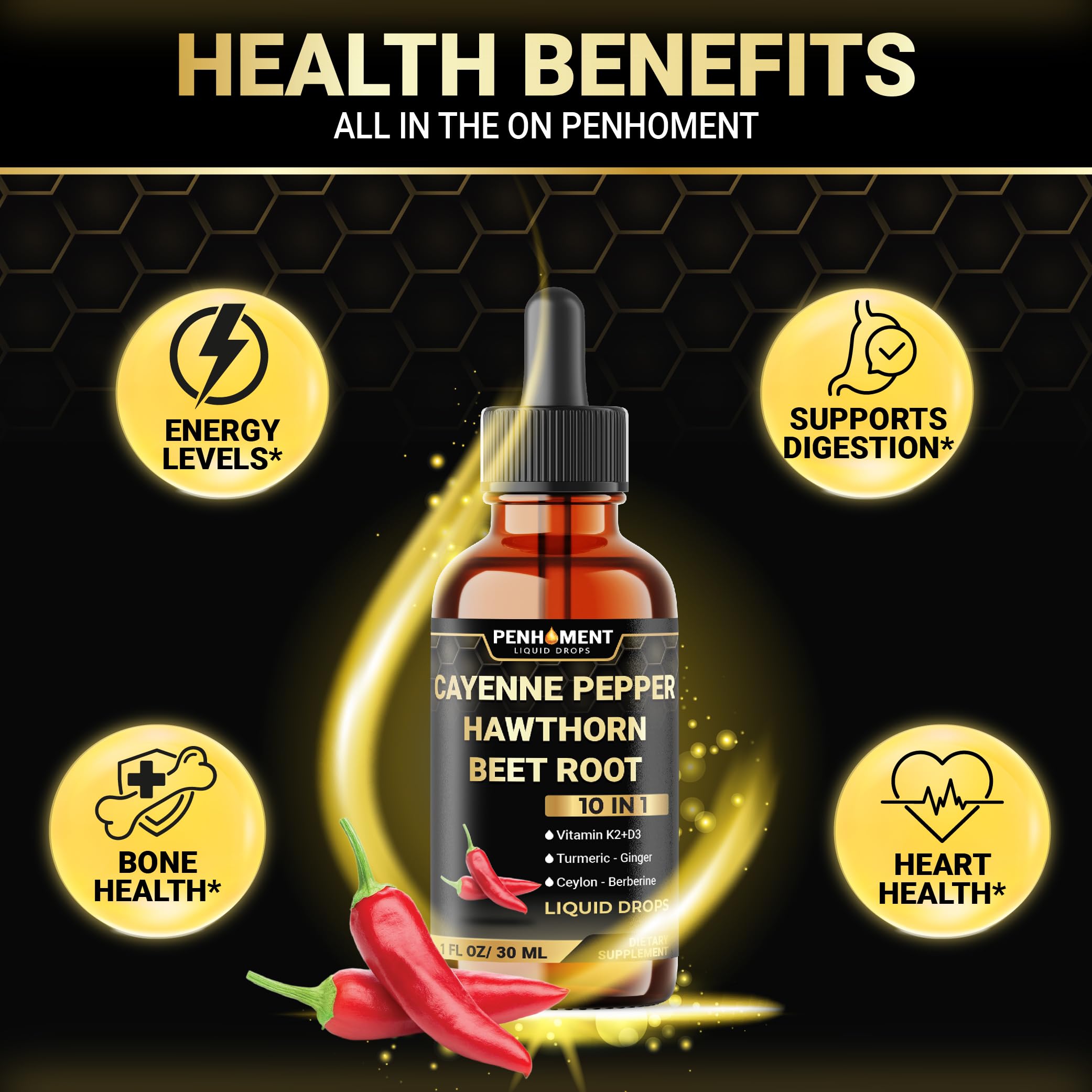 Penhoment 2 Packs - 2700 mg 10in1 Cayenne Pepper Liquid Drops with Hawthorn Berry, Vitamin D3 K2, Beet Root, Ginger Turmeric, Ginger, Ceylon Cinnamon, Berberine, and Ginseng - 2 Months Penhoment uk supplements