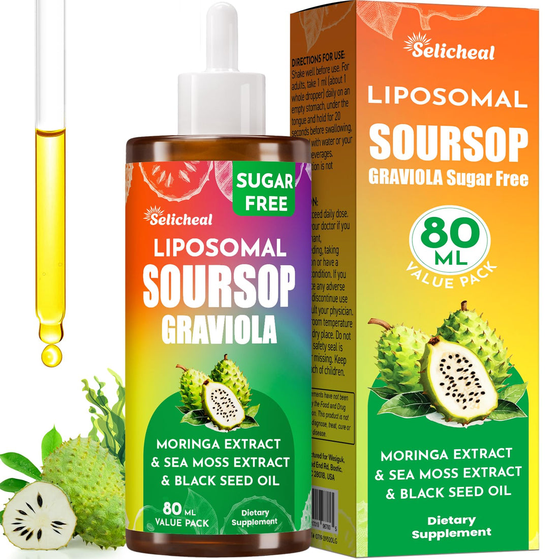 (80ML) Supplement Liquid Drops, 10 in 1 Soursop Multivitamin Drops with Leaf Extract & Sea Moss, for Cell Support & Regeneration, Immunity, Gut, Zzz, Skin & Antioxidant | 2.8 Fl Oz - 80 Days Supply Selicheal uk supplements