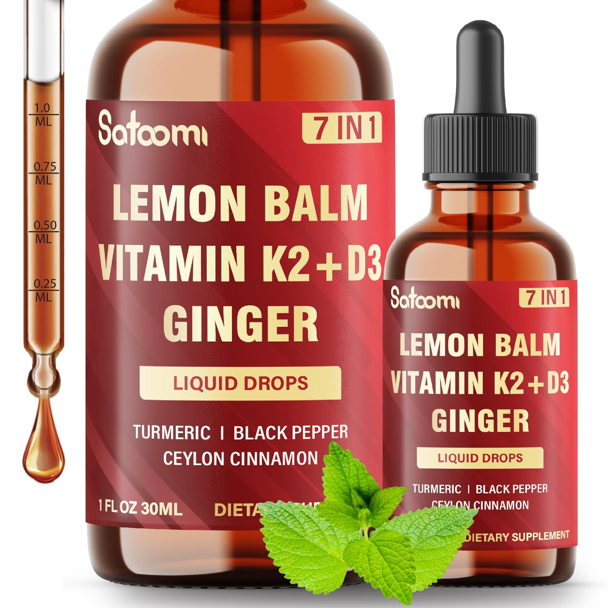 Satoomi 7in1 Lemon Balm Tincture with Vitamin D3, Vitamin K2, Ginger Root, Turmeric, Ceylon Cinnamon and Black Pepper - 1 FL Oz - 60 Day Supply Satoomi uk supplements