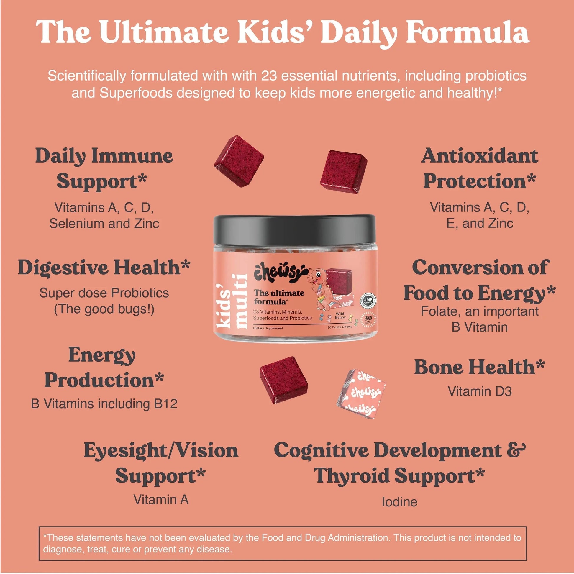 Chewsy Kids’ Multivitamin, Delicious Candy-Style Daily Vitamin Chews + Probiotics + Superfoods, Wild Berry Flavor Chewable Fruity Supplement Chews CHEWSY uk supplements