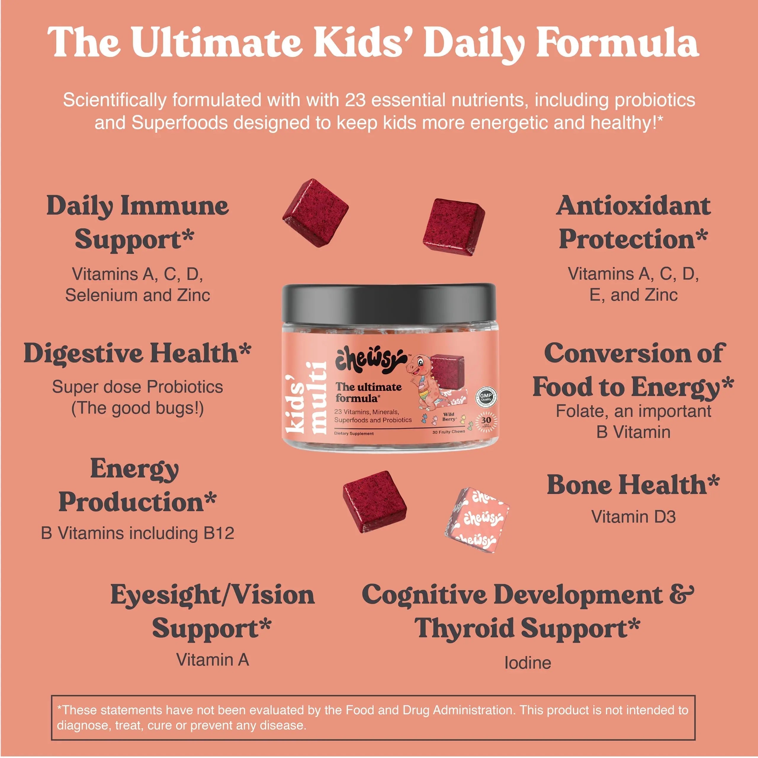 Chewsy Kids’ Multivitamin, Delicious Candy-Style Daily Vitamin Chews + Probiotics + Superfoods, Wild Berry Flavor Chewable Fruity Supplement Chews CHEWSY uk supplements