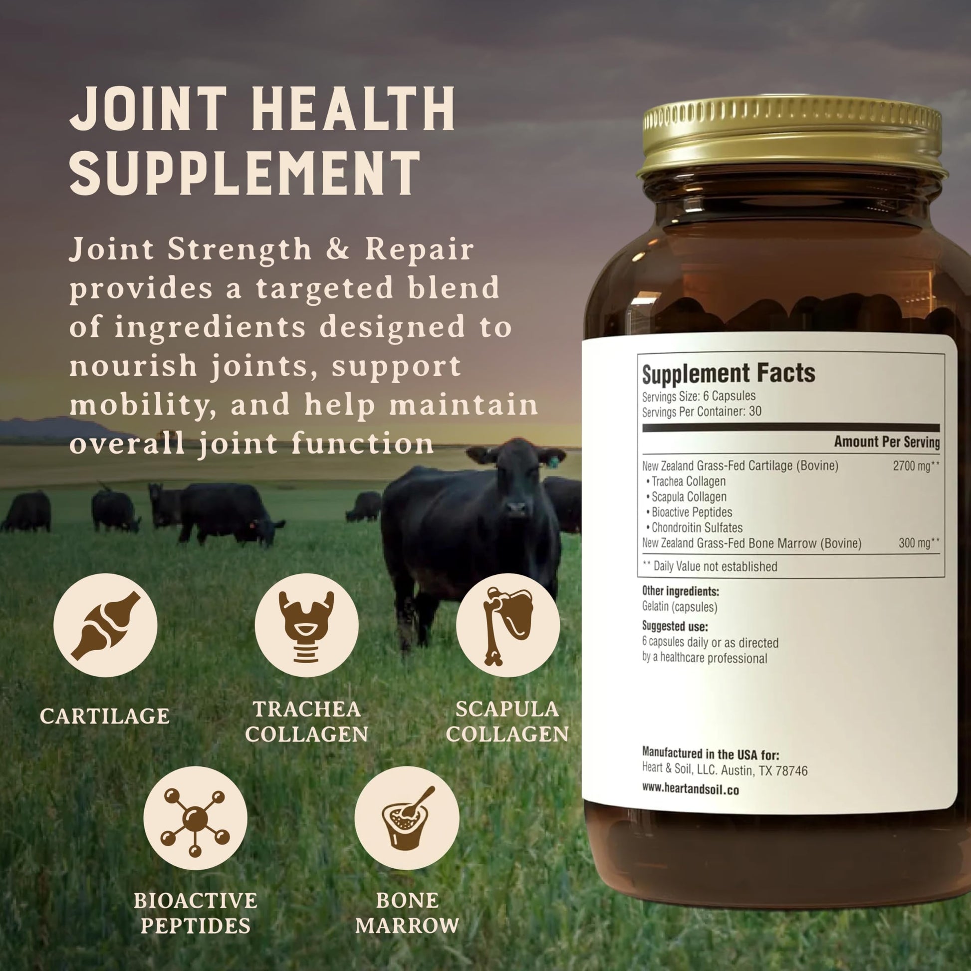 Heart & Soil 100% Grass Fed & Finished Joint Support Supplement from Regenerative Cattle with Trachea, Scapula & Bone Marrow – Supports Joint Strength & Mobility – 3000mg – Glass Bottle – 180 Capsules HEART & SOIL uk supplements