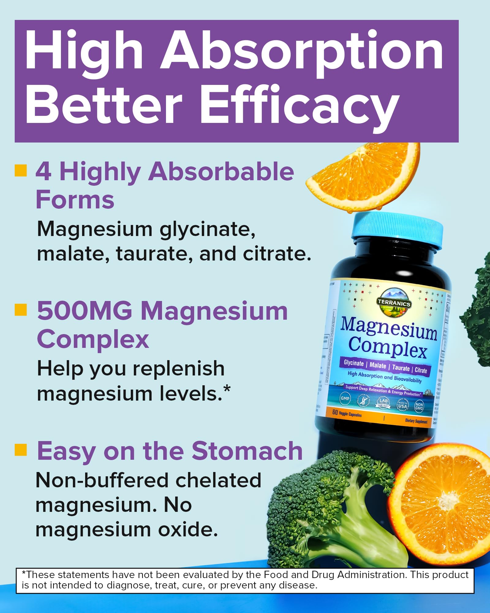 Terranics Magnesium Complex 500mg, Glycinate, Malate, Taurate, Citrate, Chelated Purified Easily Absorbed Magnesium Supplement for Sleep, Heart, Energy, Digestion Support, 60 Capsules Terranics uk supplements