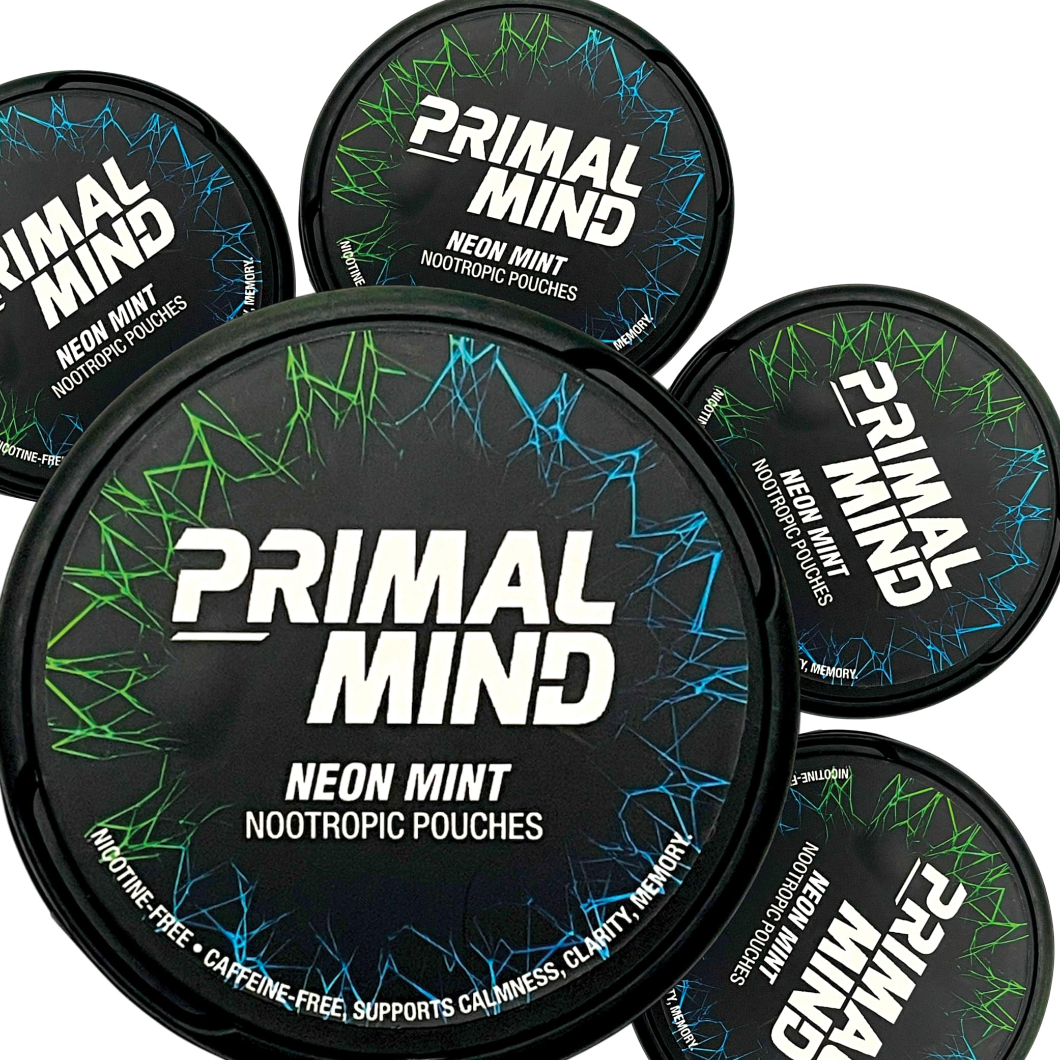 Nootropic Pouches - Primal Mind Caffeine Free Nootropics Pouches Made with Ginkgo Biloba & L-Theanine - Nicotine Free Brain Boost, No Sugar, Cognitive Support – 20 Pouches Per Can, 5 Pack (Neon Mint) Primal Prelude uk supplements