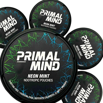 Nootropic Pouches - Primal Mind Caffeine Free Nootropics Pouches Made with Ginkgo Biloba & L-Theanine - Nicotine Free Brain Boost, No Sugar, Cognitive Support – 20 Pouches Per Can, 5 Pack (Neon Mint) Primal Prelude uk supplements