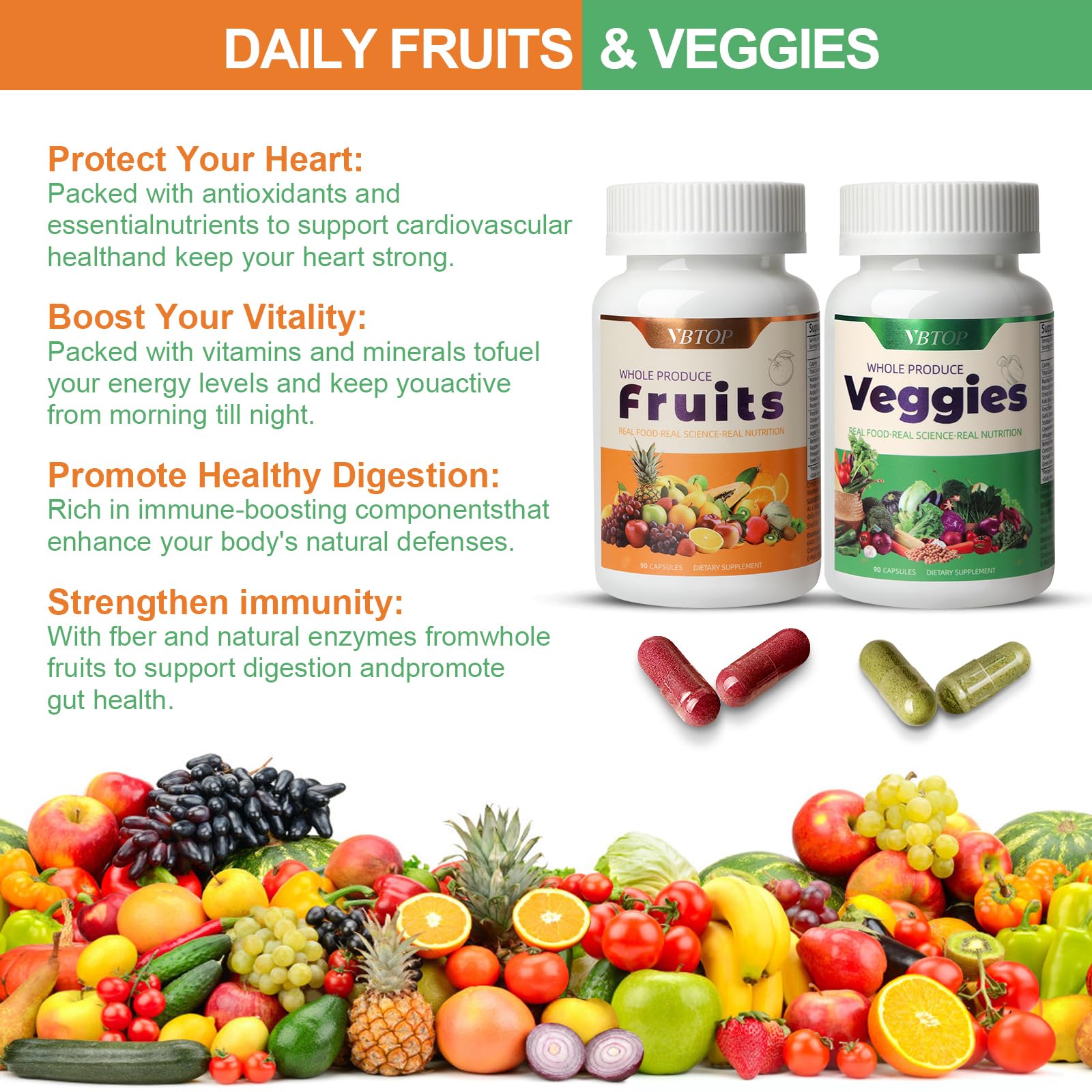 VBTOP Fruit & Vegetable Supplement - Natural Ingredients - 2 Bottles - 180 Capsules Total | A Blend of 20+19 Natural Whole Fruits & Vegetables, a Fresh superfood Formula Rich in Vitamins and Minerals VBTOP uk supplements