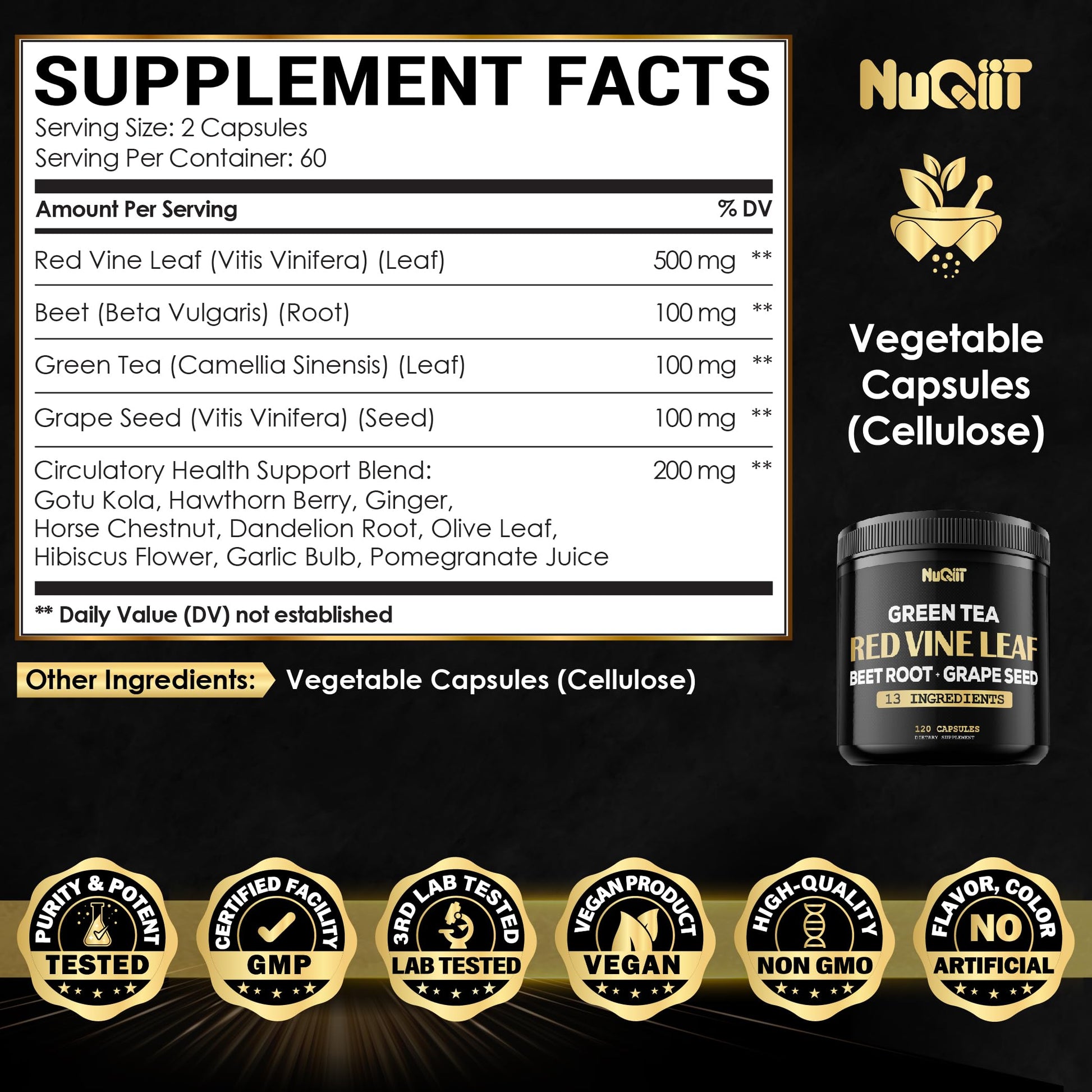 Red Vine Leaf Extract 15000mg Beet Root 3000mg Organic Green Tea 3000mg Supplement & More - Support Heart Health, Strength, Immune System & Body Management - 120 Vegan Capsules for 2-Month Supply NUQIIT uk supplements