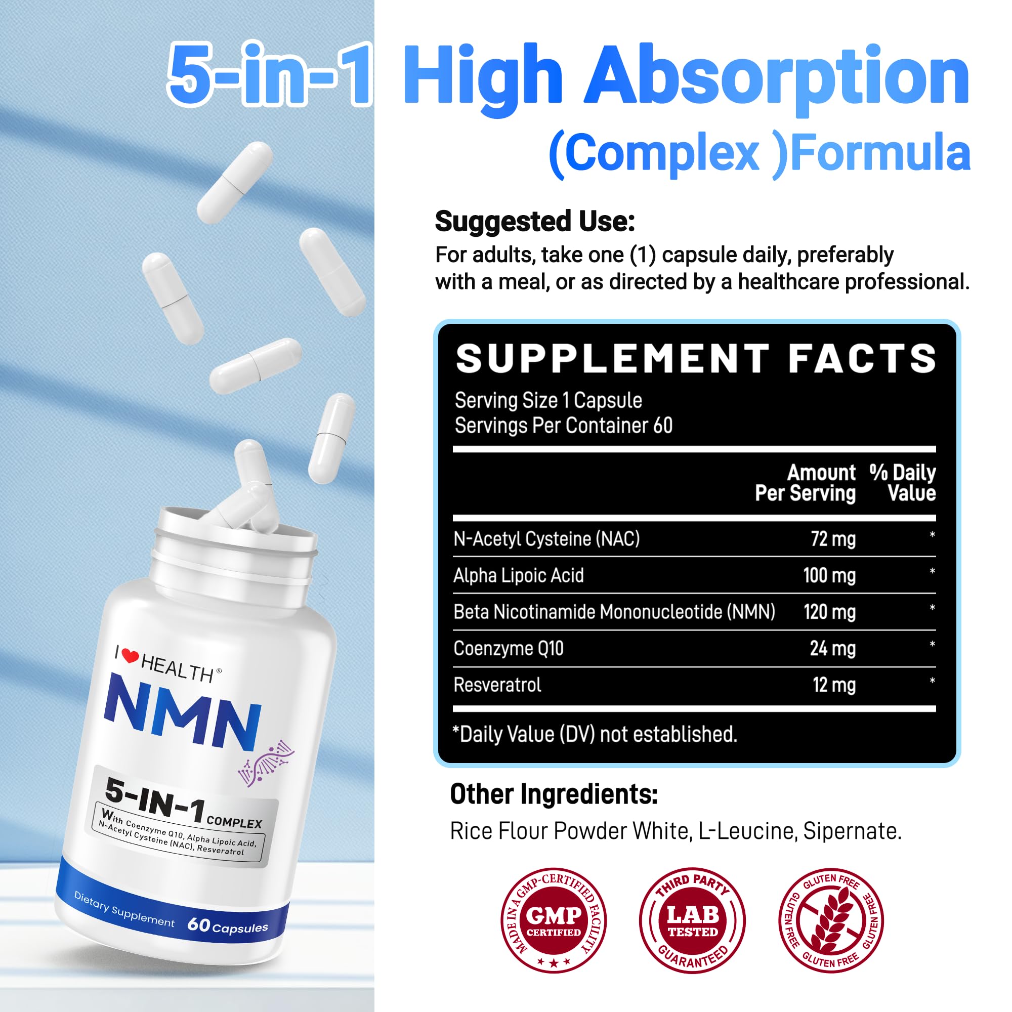 I LOVE HEALTH NMN Supplement, 5-in-1 Complex with NAC, Alpha Lipoic Acid, CoQ10 & Resveratrol - High Absorption Anti Aging Formula - Third Party Tested, cGMP, Gluten Free - 60 Capsules I LOVE HEALTH uk supplements