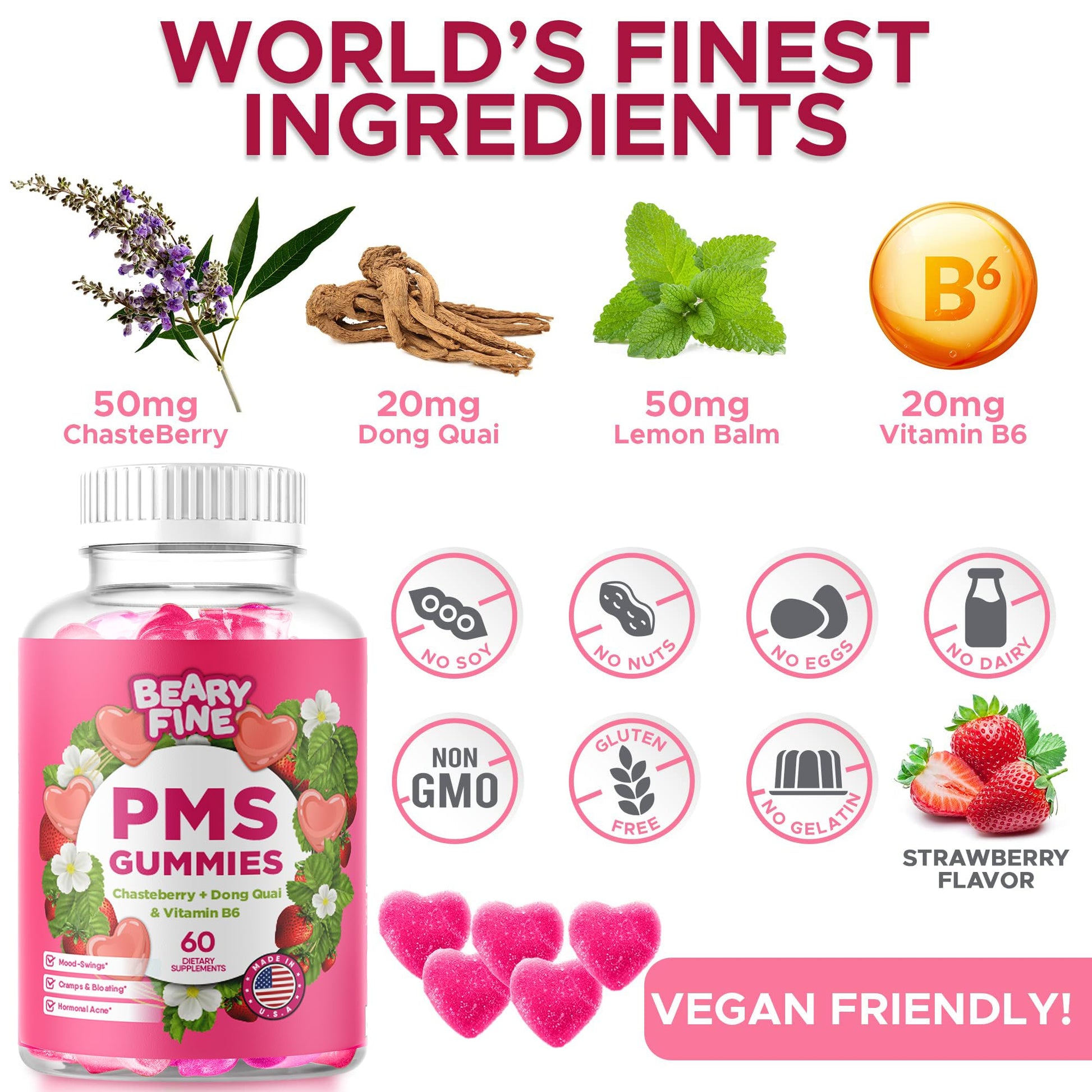 Beary Fine PMS Gummies - PMS Vitamins for Women & Teens - PMS Period Relief - Cramping, Bloating, Mood Swings - Made in The USA (Strawberry, 60 Count) Beary Fine uk supplements