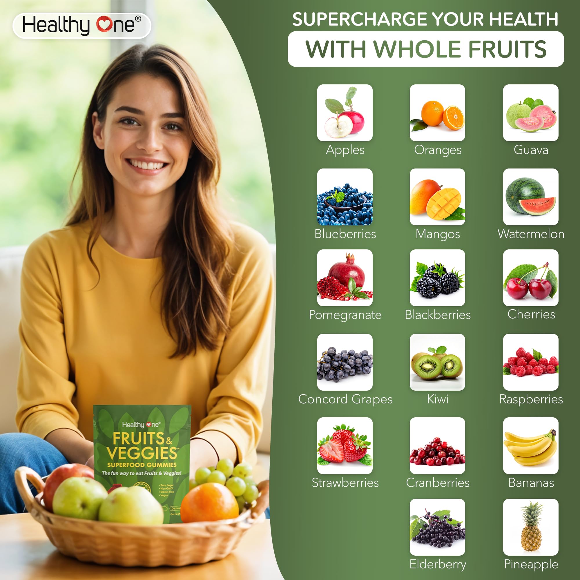 Fruits & Veggies Sugar-Free Gummies - 27 Whole Foods - Equals 3 Servings of Fruits & Vegetables - Improve Energy, Focus & Immune Function - Fiber - Antioxidants - Organic Ingredients - 14 Packets Healthy One uk supplements