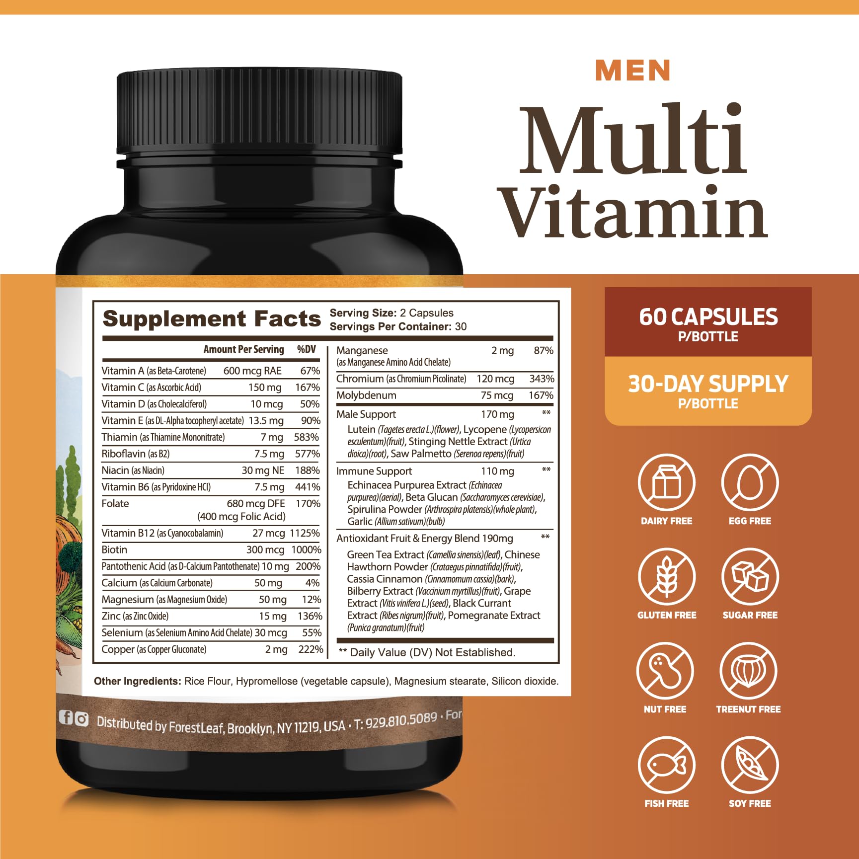 ForestLeaf Daily Vitamin Multivitamin for Men, Multi-Vitamin for Men - Mens Multivitamins & Multiminerals Supplement | All Essential Vitamins Needed for Health, Longevity & Energy | 60 Veg Caps ForestLeaf uk supplements