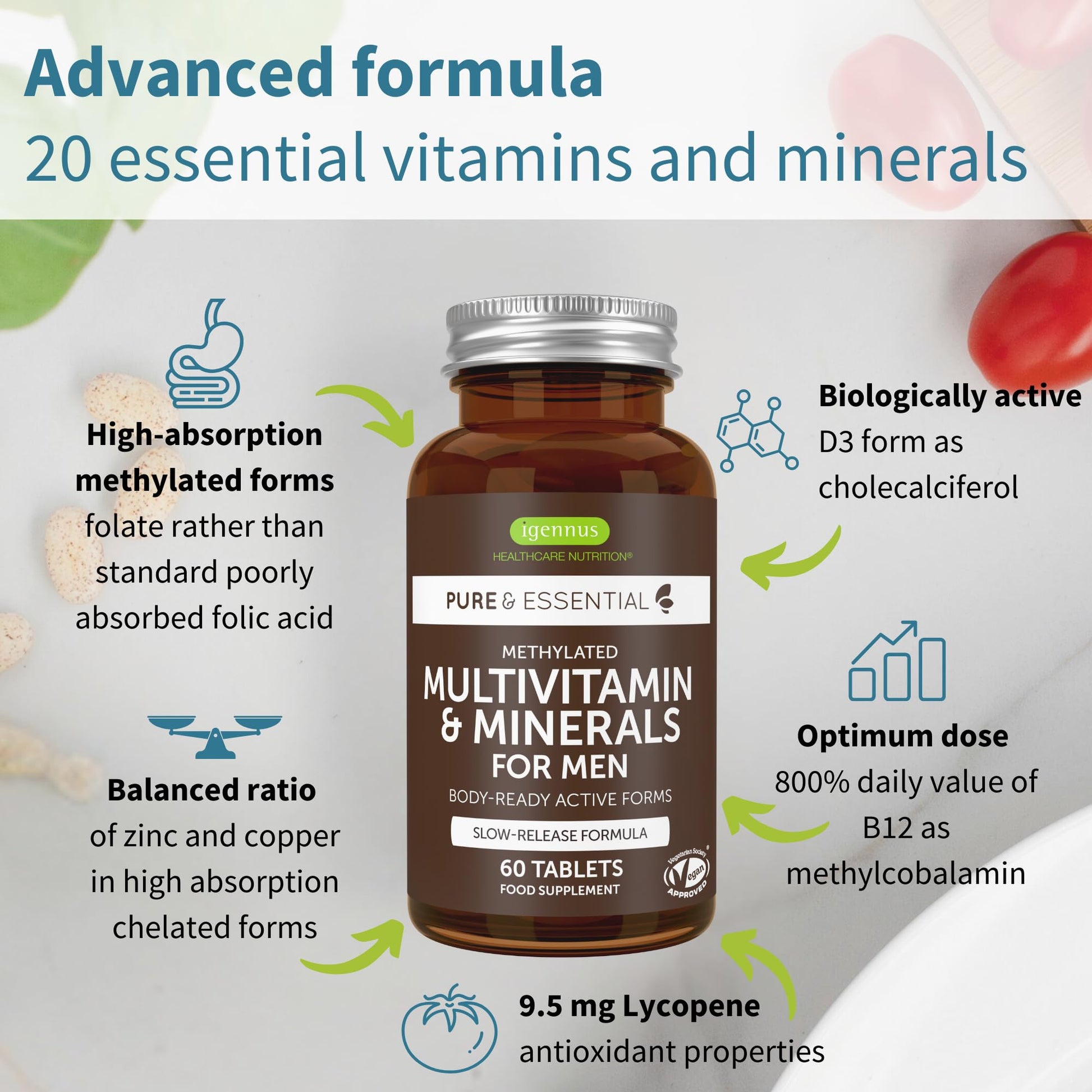 Igennus Methylated Men's Multivitamin with 22 Actives, All-Day Nutrient Delivery, Pure & Clean, Methylfolate & Methylcobalamin Igennus Healthcare Nutrition uk supplements