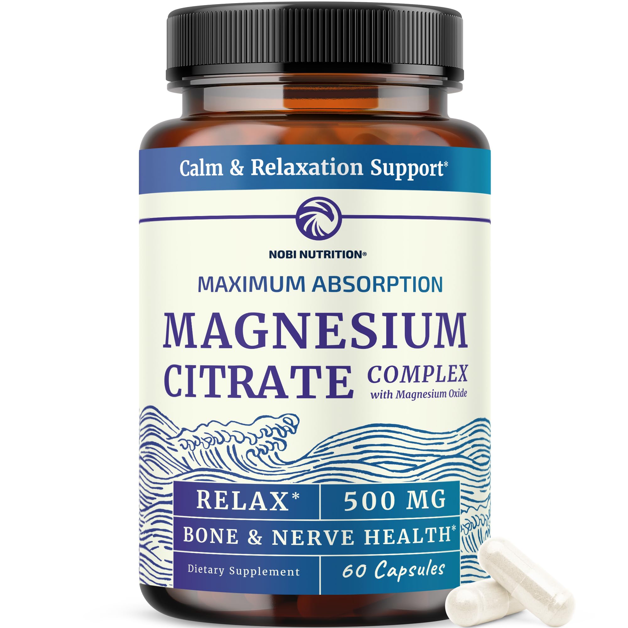 Magnesium Citrate Complex 500 MG for Calm & Relaxation | High Absorption Magnesium Supplement | Citrato de Magnesio | Constipation & Digestion Support Non-GMO Soy-Free | 60 Mag Citrate Capsules Nobi Nutrition uk supplements