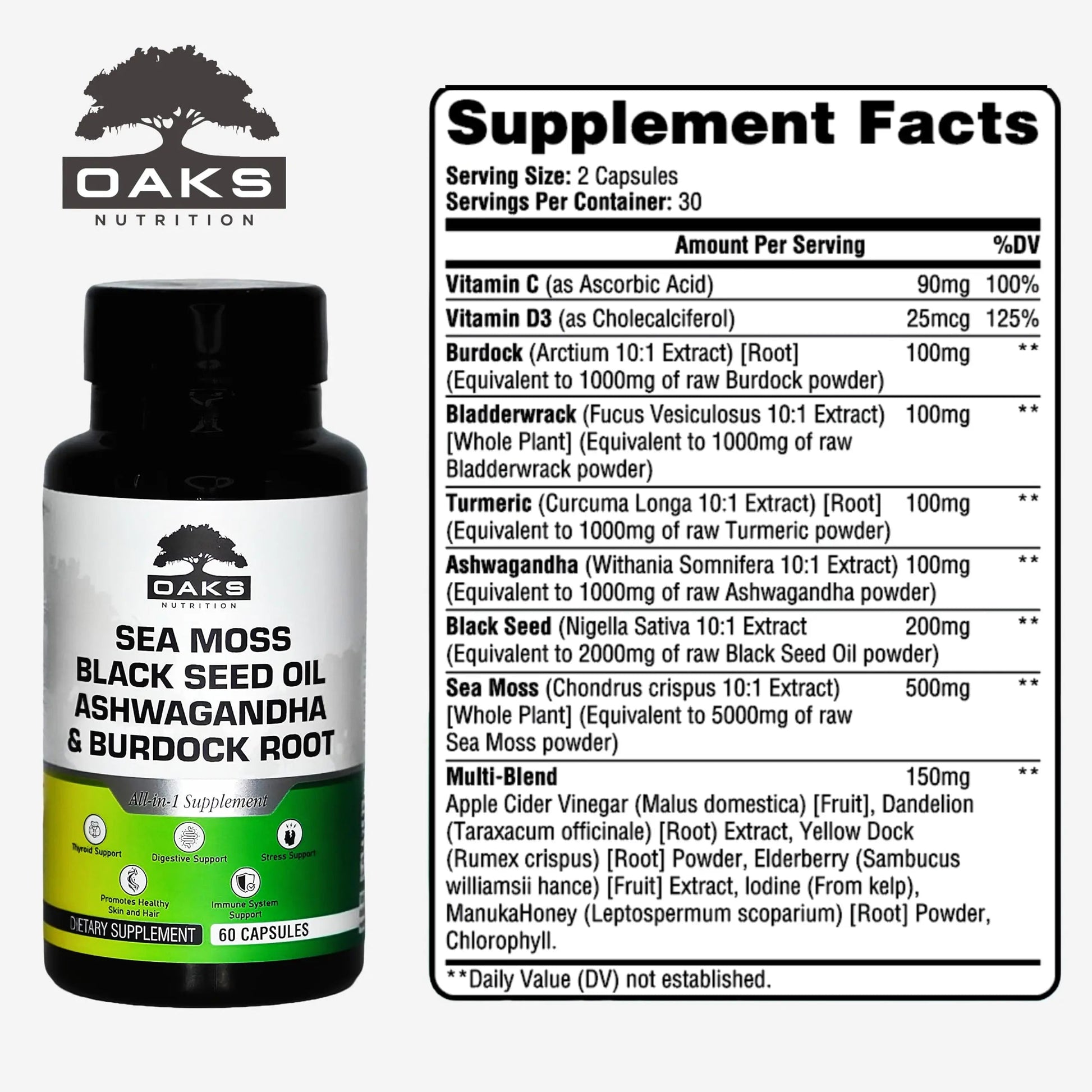 Oaks Nutrition Premium 15-in-1 Sea Moss Multivitamin with Black Seed Oil, Ashwagandha, Turmeric, Bladderwrack, Burdock, Elderberry Oaks Nutrition uk supplements