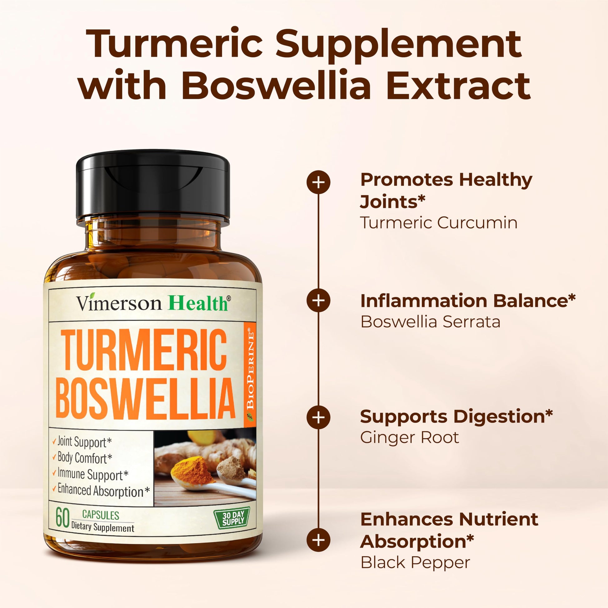 Turmeric Supplement w/Boswellia Serrata – Daily Support for Joint Health & Comfort – Organic Turmeric Curcumin Powder, Bioperine for Enhanced Absorption & Ginger Root – 60 Boswellia Extract Capsules Vimerson Health uk supplements