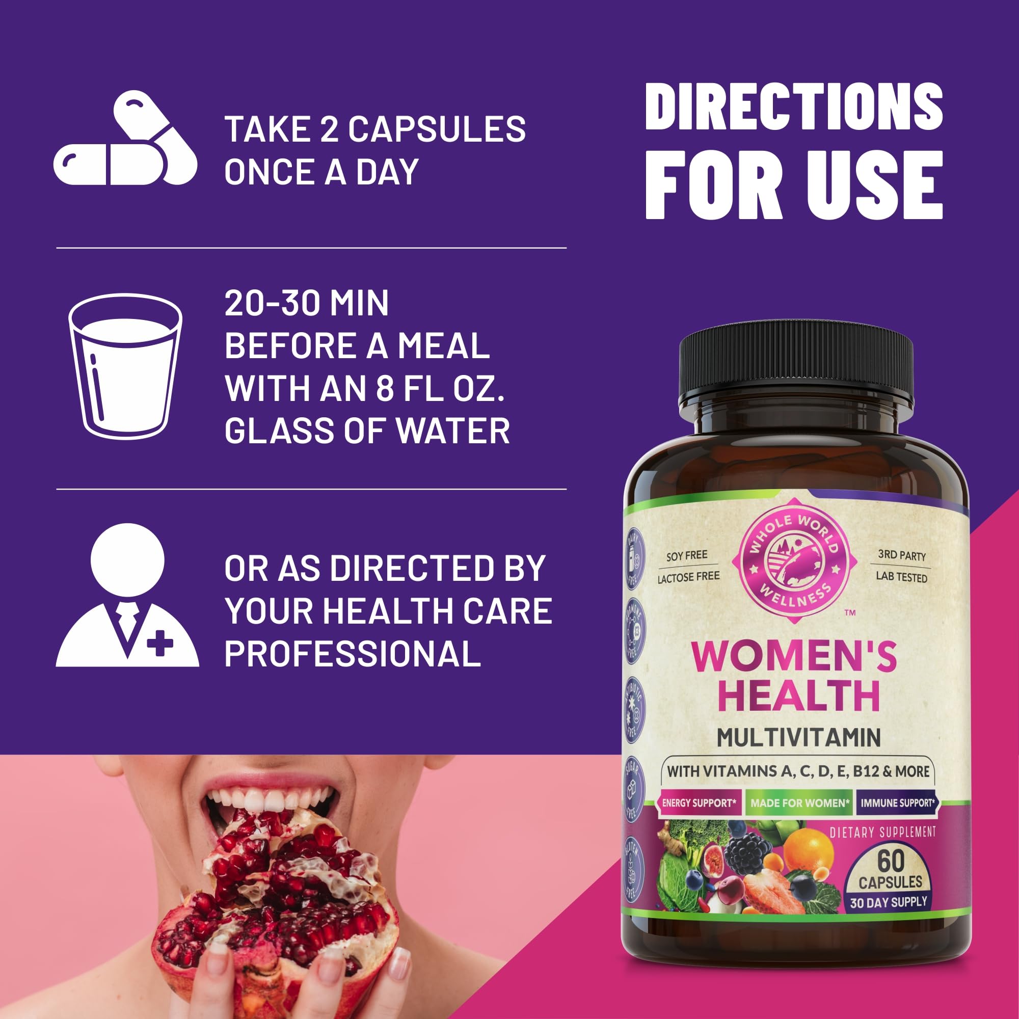 Womens Daily Multivitamins & Multimineral Supplement for Energy, Mood, Focus, Hair WHOLE WORLD WELLNESS uk supplements