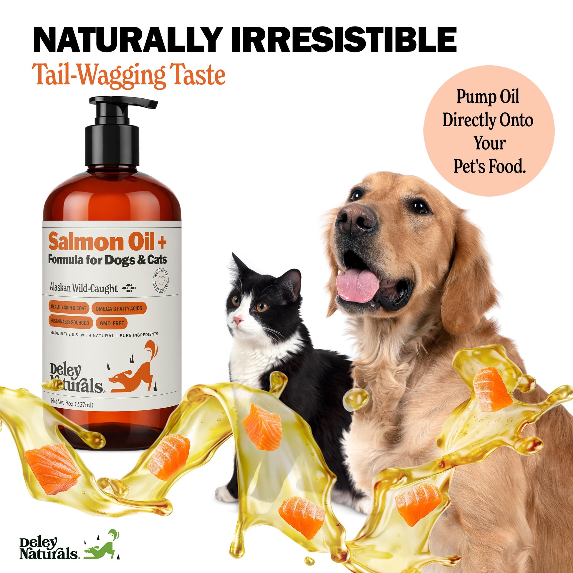 Deley Naturals Wild Alaskan Salmon Oil for Dogs & Cats - New and Improved Salmon Oil Plus Formula - Fish Oil for Dogs with Omega 3, DHA and EPA - Omega 3 for Healthy Skin and Coat - 8oz Made in USA Deley Naturals uk supplements