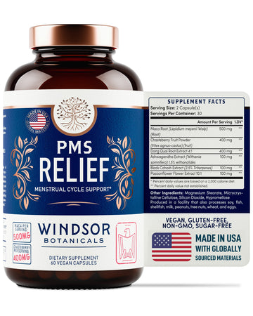 PMS Support Supplement for Women with Chasteberry, Maca Root, Ashwagandha - Period Relief, Bloating Relief for Women, Mood Support, Hormone Balance Herbal Supplements - 30 Day, 60 Vegan Capsules WINDSOR BOTANICALS uk supplements